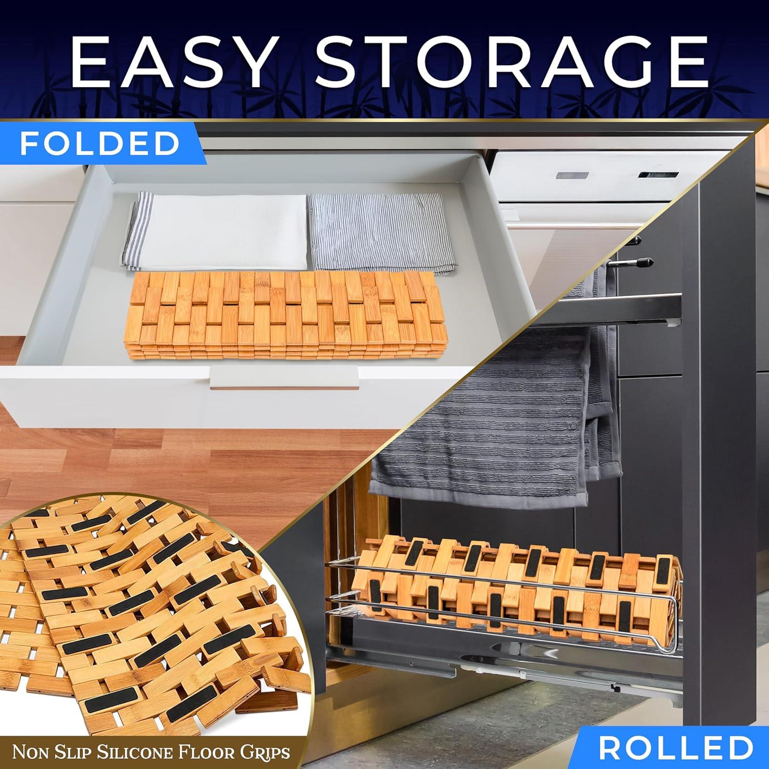 SereneLife Bamboo Bath and Shower Mat, Non-Slip Floor Mat with Extra Grips, Slatted Design, Natural Finish for Bathroom, Spa, Sauna - Rollable and Easy to Clean