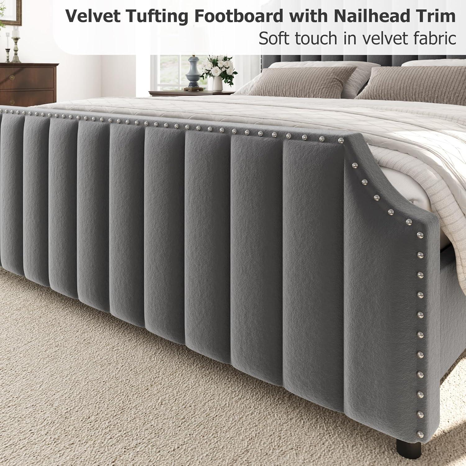 Queen Size Platform Bed Frame with 50.2" Headboard, Velvet Upholstered Bed Frame Queen with Vertical Channel Tufted Headboard & Footboard,Light Gray
