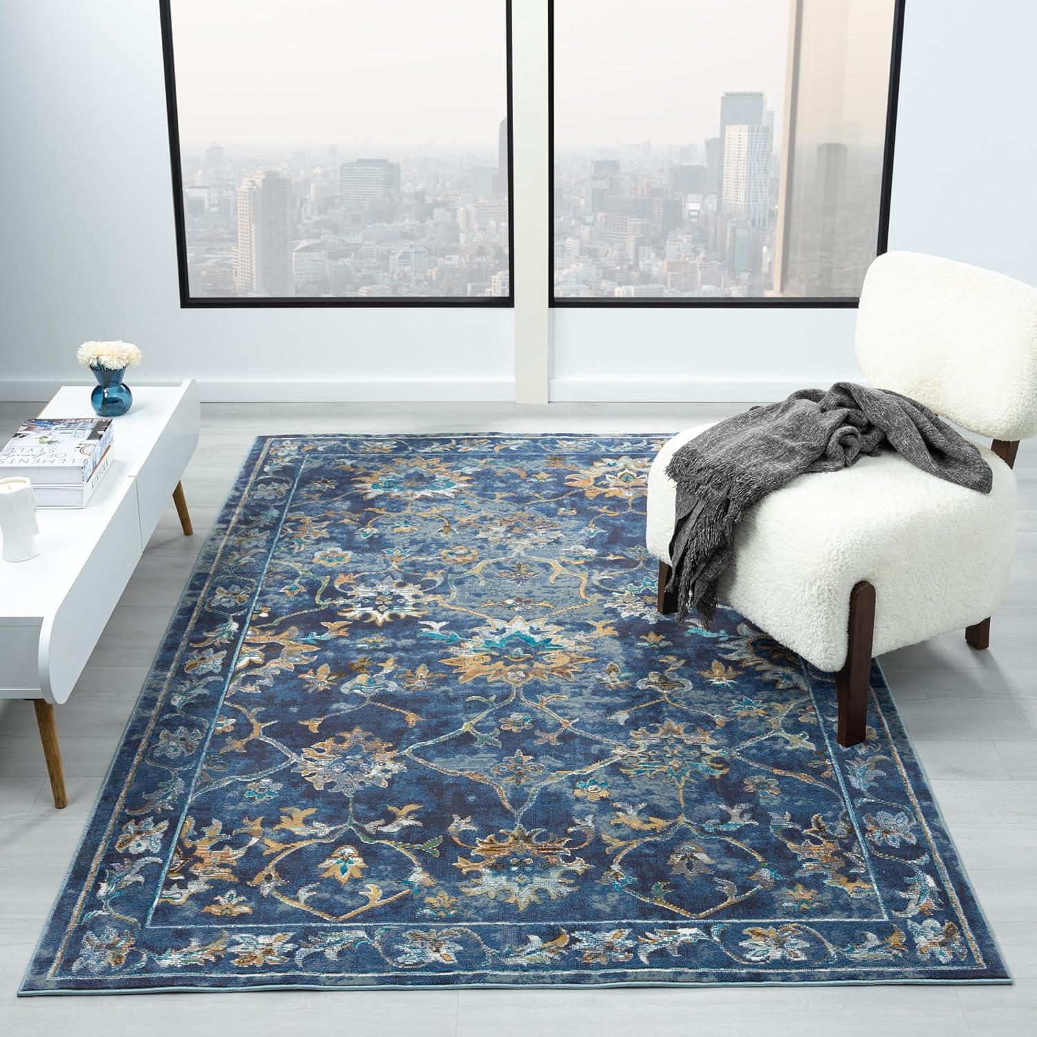 LR Home Ada 5' x 8' Indigo Bordered Floral Adult Durable Indoor Area Rug