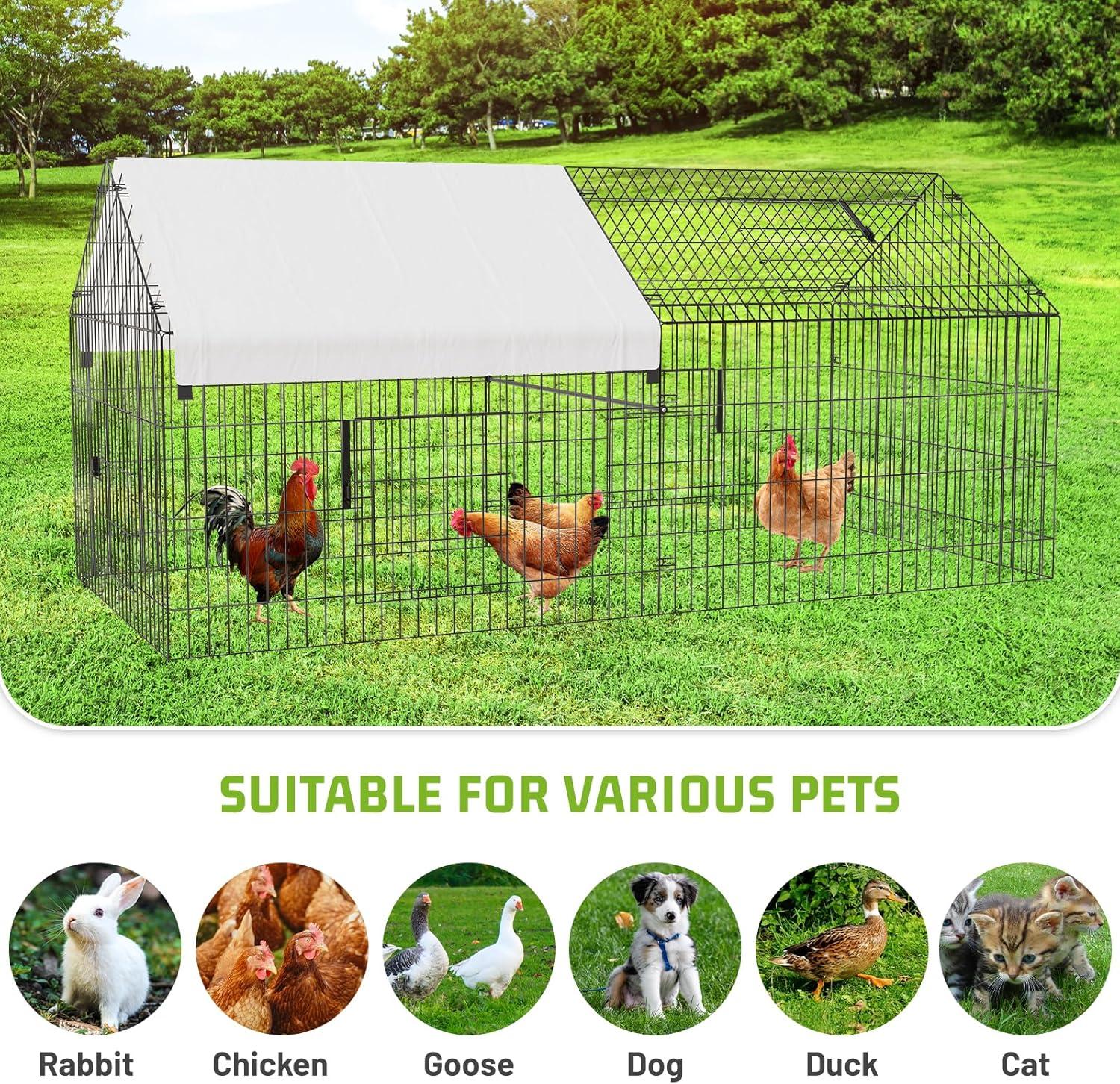 Metal Chicken Coop, 86 x 40 x 40 Inch Chicken Run for Yard with Waterproof Cover, Outdoor Portable Chicken Pen with 4 Doors, 1 Window, Chicken House for Small Animals Duck, Rabbit, Hen