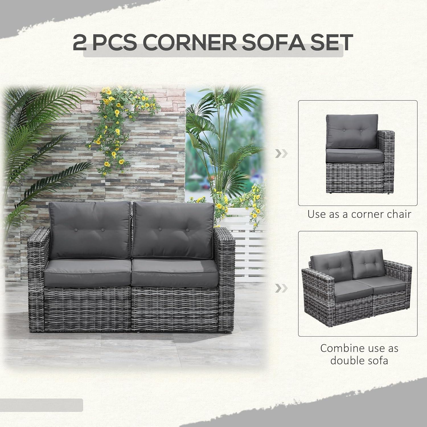 Outsunny 2 Piece Patio Wicker Corner Sofa Set, Outdoor PE Rattan Furniture, with Curved Armrests and Padded Cushions for Balcony, Gray