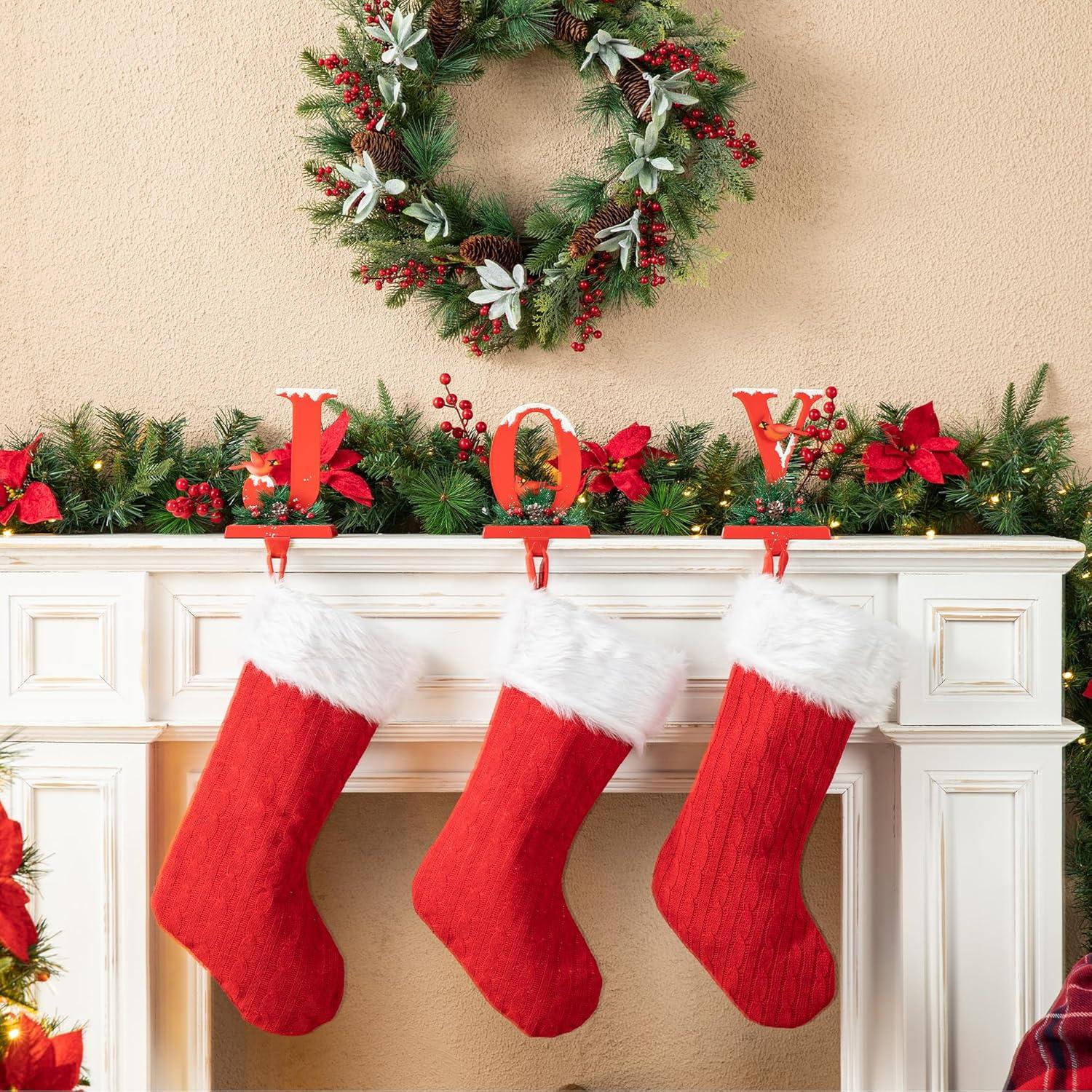Red Metal JOY Christmas Stocking Holders with Cardinals