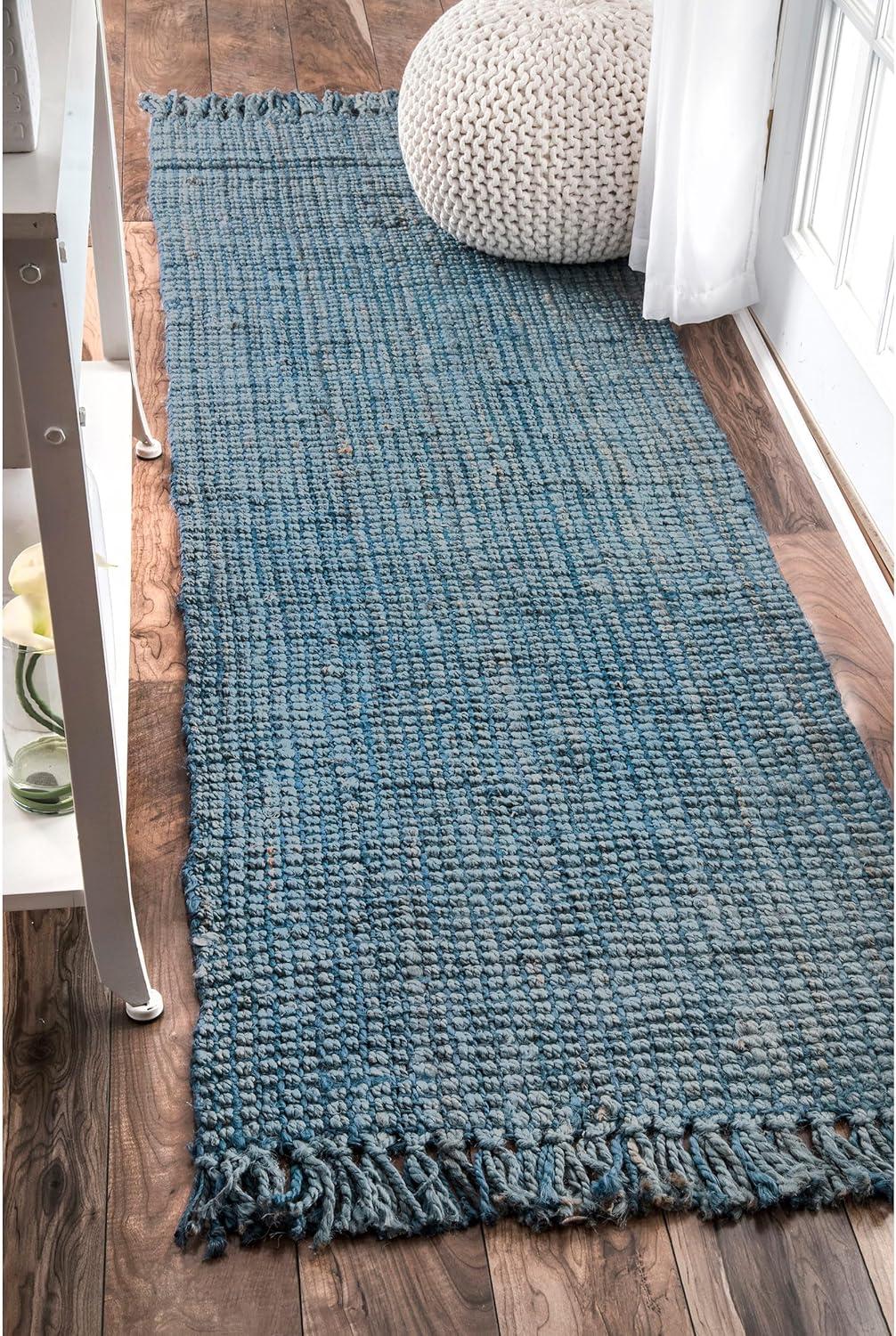 Nuloom 2x12 Daniela Jute Tassel Hand Woven Indoor Area Rug, Blue, Solid Chunky Farmhouse Design, Natural Fiber BedroomLiving Room