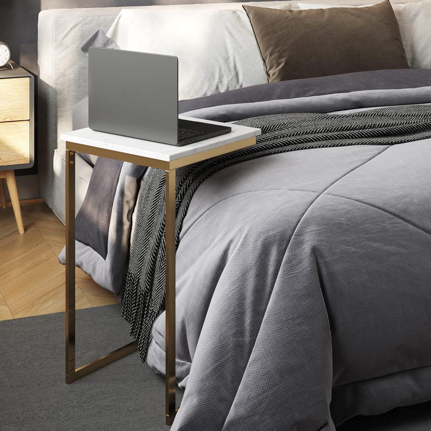 C-Shaped End Table - Real Marble Side Table with Gold Iron Frame for Couch, Loveseat, or Bed - Modern Living Room Furniture by Lavish Home (White)