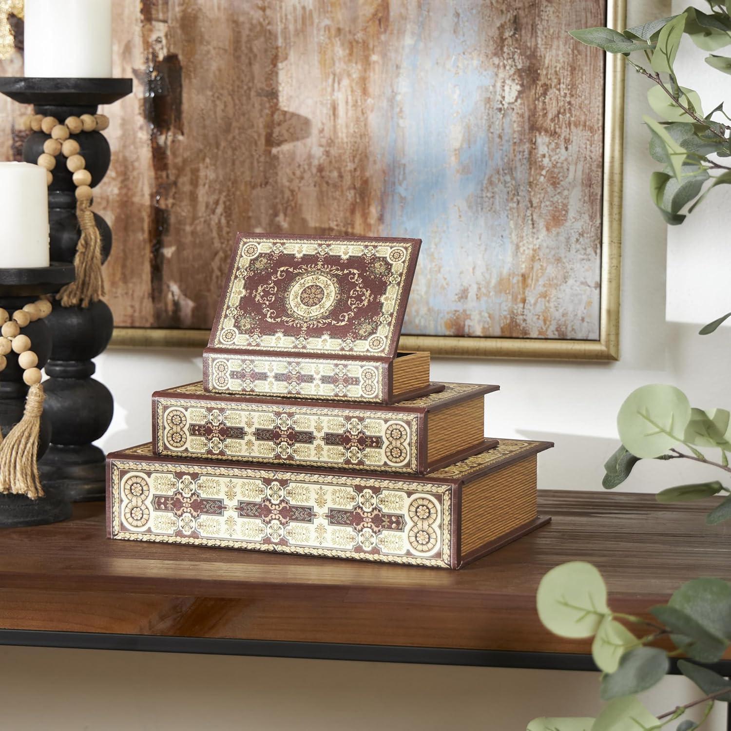Deco 79 Canvas Decorative Box Storage Book Book Shaped Boxes with Arabesque Pattern and Gold Page Inspired Detail, Set of 3 Decorative Keepsake Boxes 12, 10, 8" H, Red