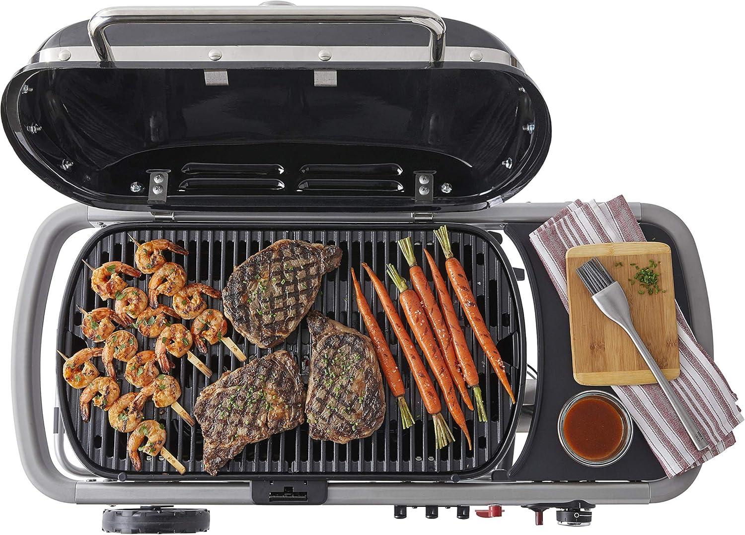 Weber Traveler Portable Outdoor Porcelain Coated Cast Iron LP Gas Grill, Black