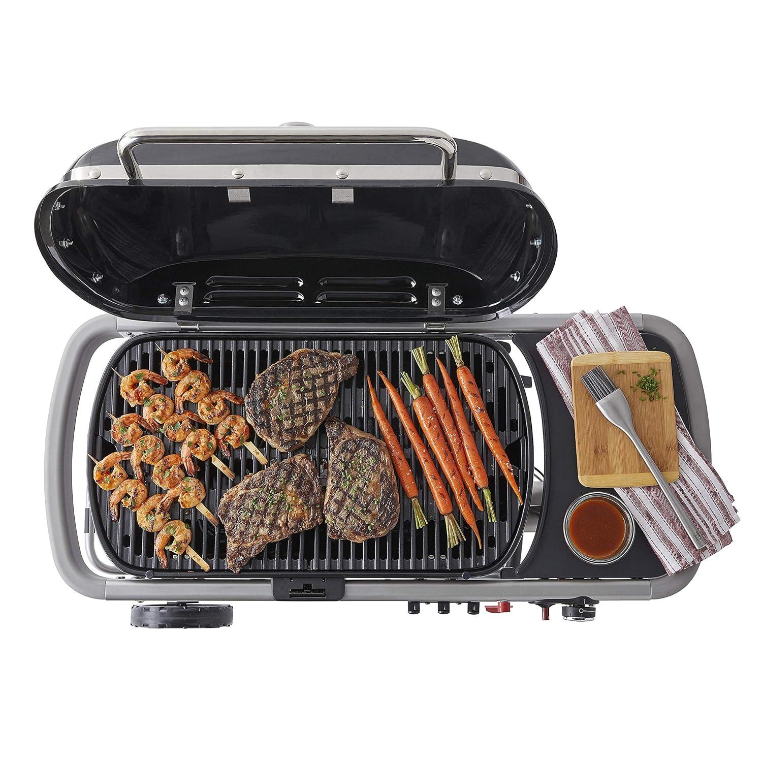 Weber Traveler Portable Outdoor Porcelain Coated Cast Iron LP Gas Grill, Black