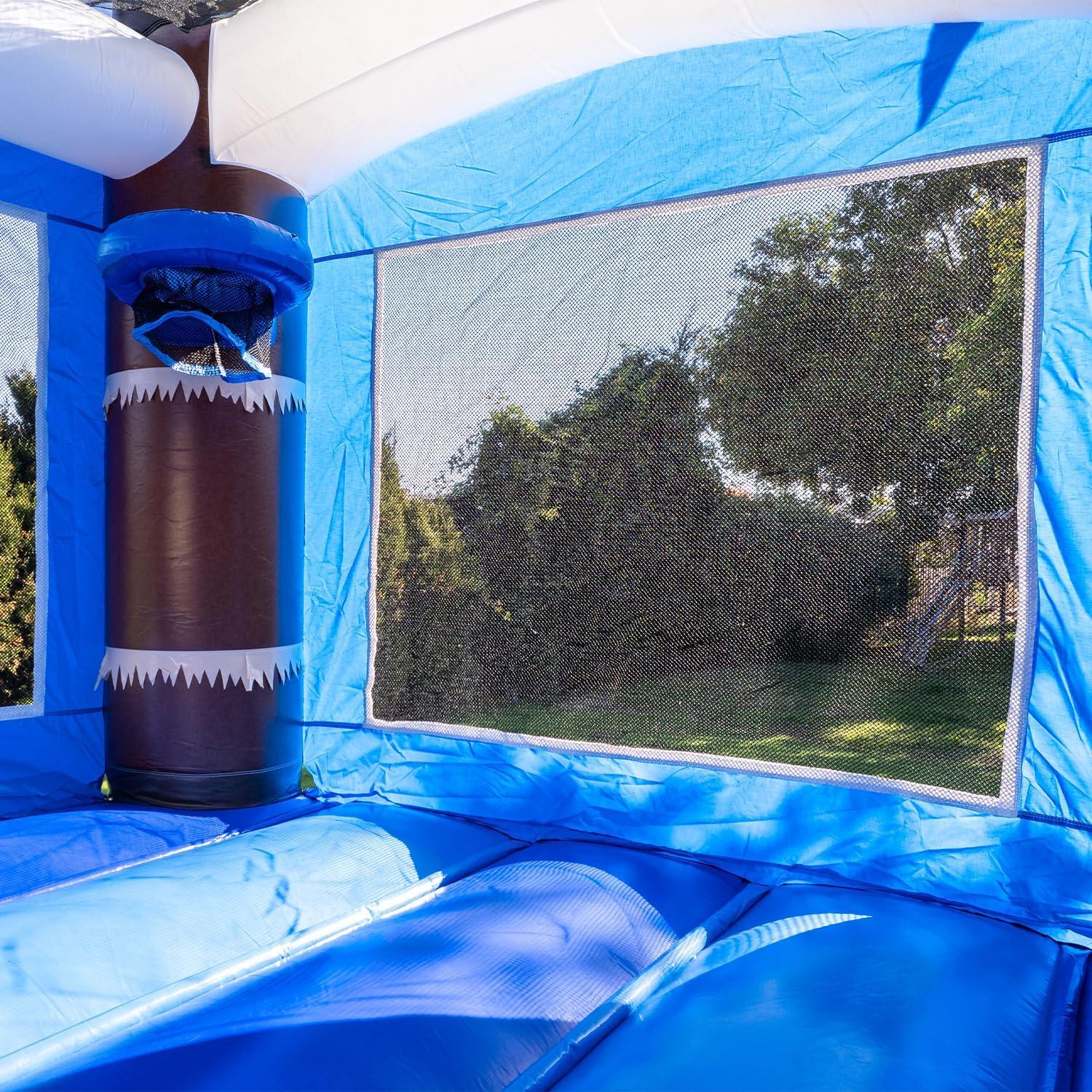 HeroKiddo Ocean Shark Commercial Grade Bounce House Water Slide with Splash Pool for Kids and Adults (with Blower), Basketball Hoop, Outdoor Indoor, Wet Dry Combo, Big Inflatable, Rental Quality