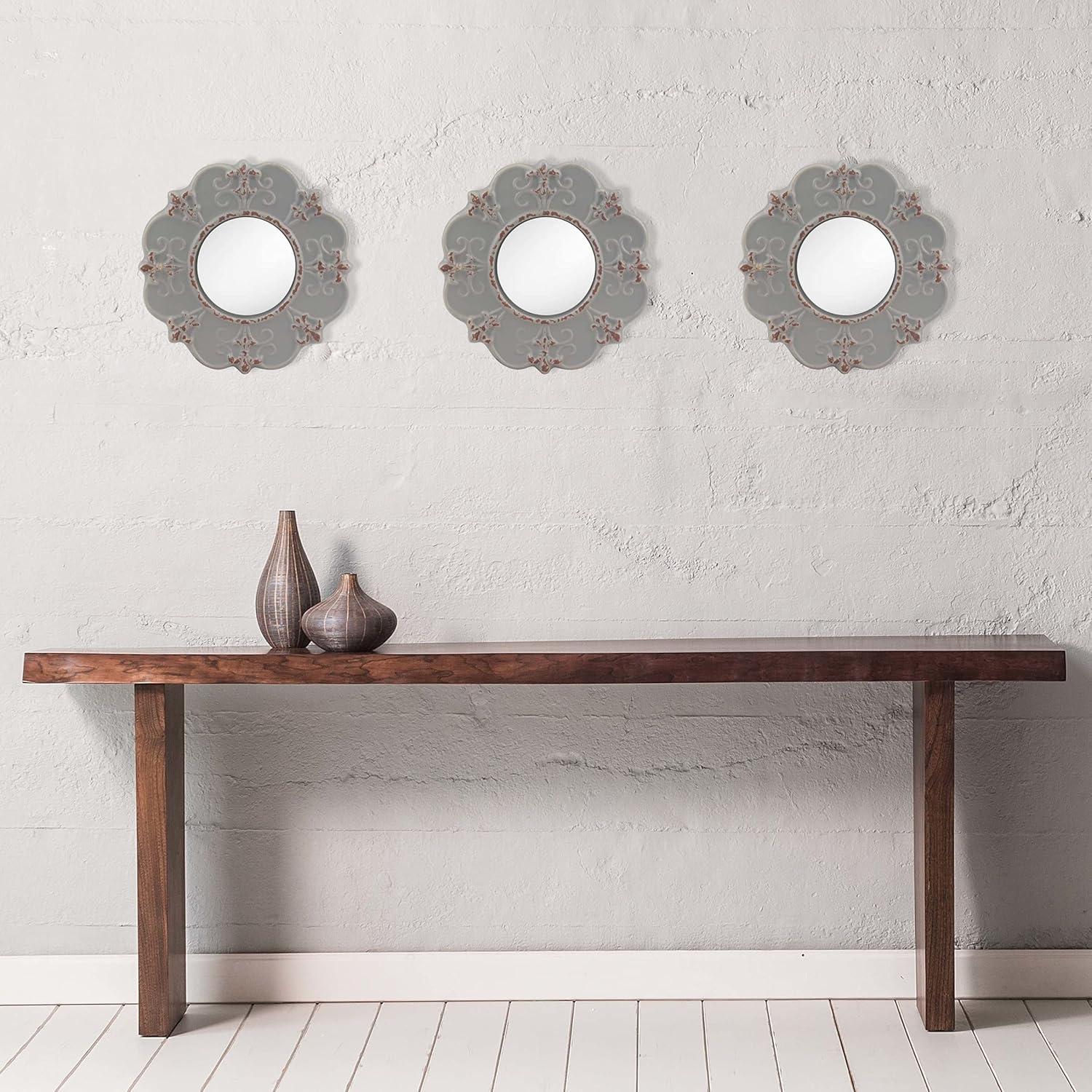 Stonebriar 8" Round Light Gray Ceramic Accent Wall Mirror with Attached Hanging Loop, Decorative Vintage Decor for the Living Room, Bedroom, Hallway, and Entryway