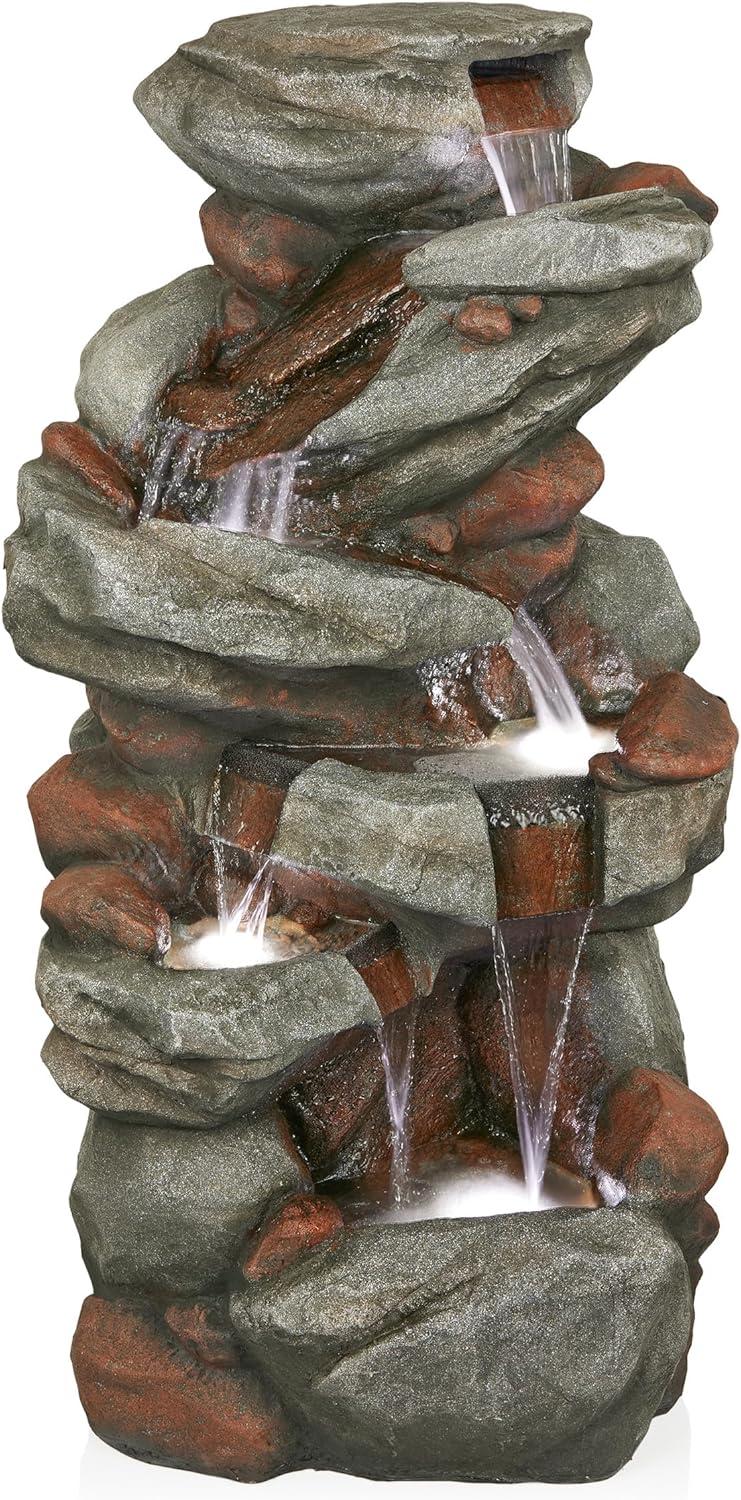 Gray Cascading Stone Outdoor Fountain with LED Lights, 53"