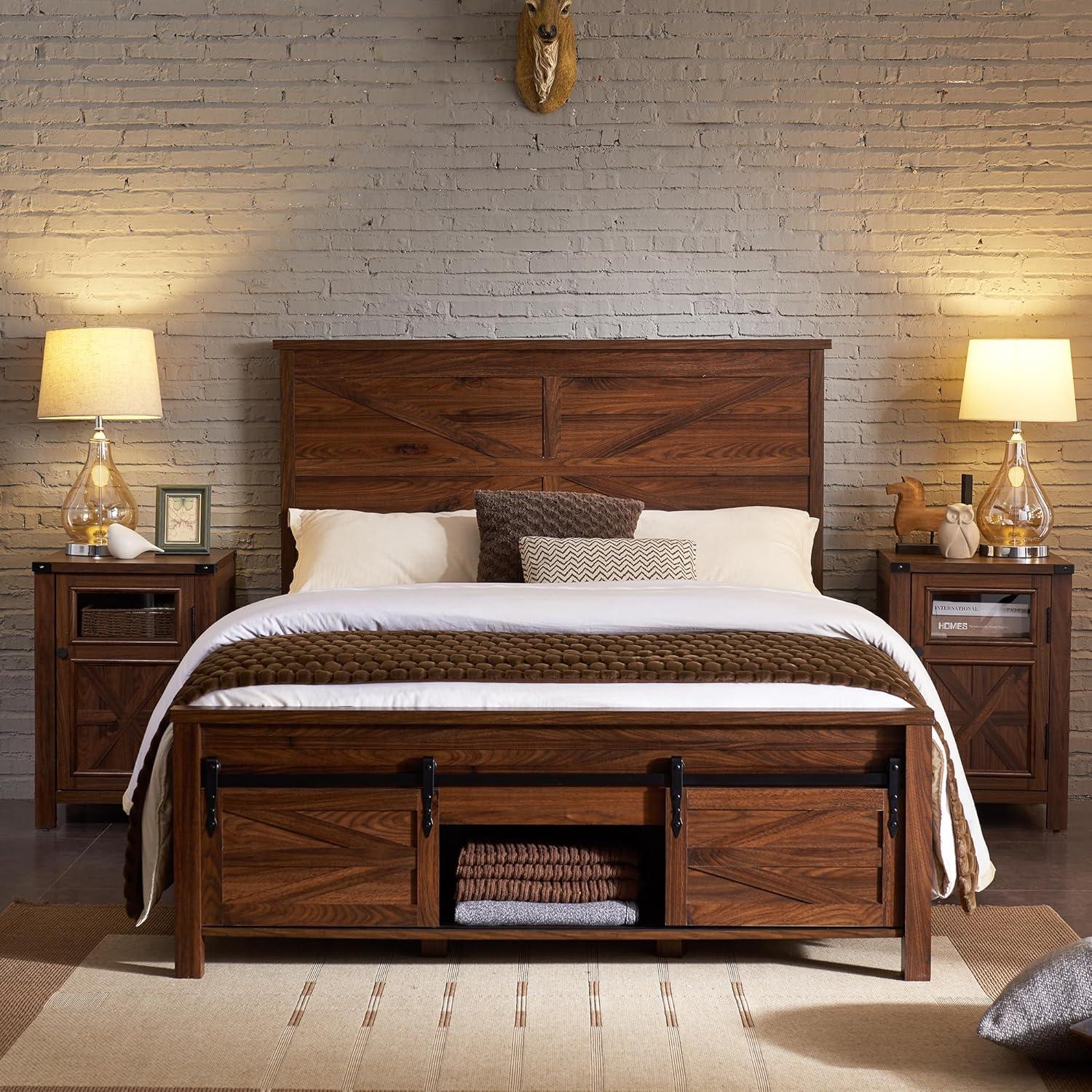 Argana Farmhouse Wood Bed Frame with Headboard and Sliding Barn Door Storage Cabinets