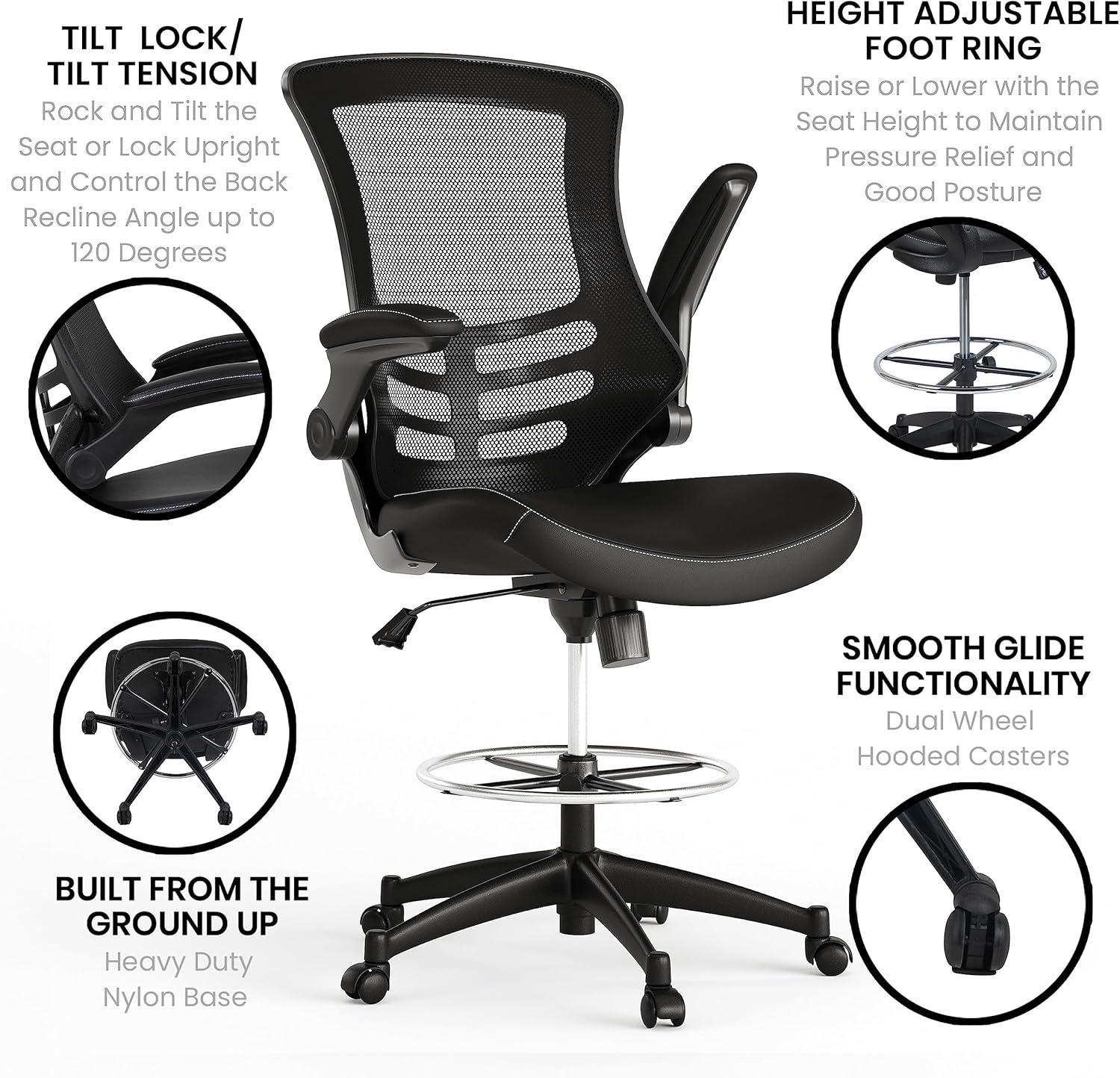 Flash Furniture Kelista Mid-Back Black Mesh Ergonomic Drafting Chair with LeatherSoft Seat, Adjustable Foot Ring and Flip-Up Arms