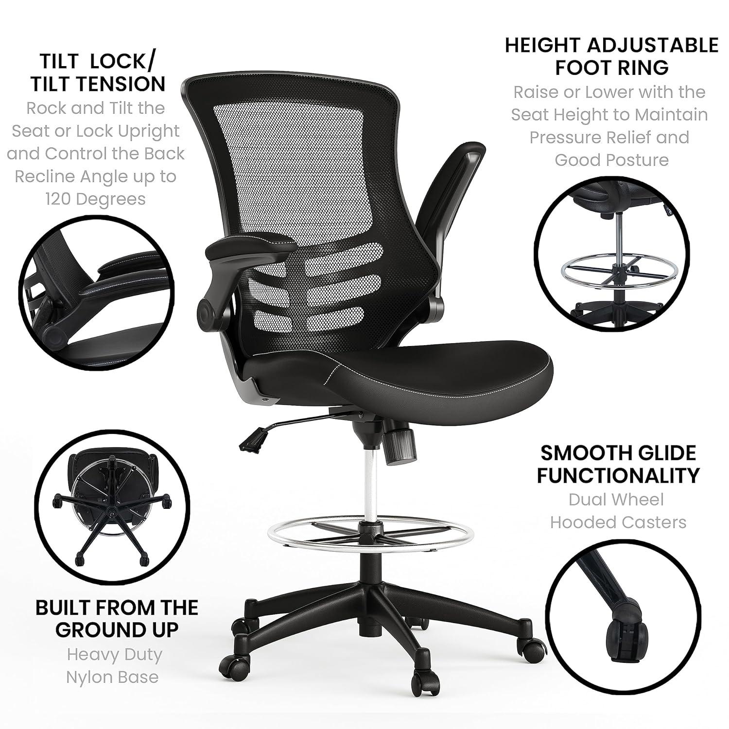 Flash Furniture Kelista Mid-Back Black Mesh Ergonomic Drafting Chair with LeatherSoft Seat, Adjustable Foot Ring and Flip-Up Arms