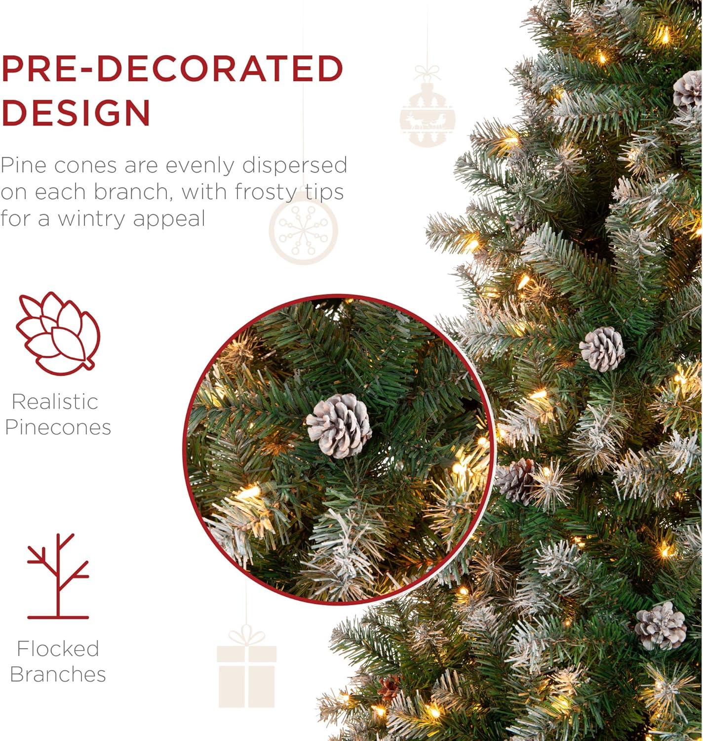 Best Choice Products 6ft Pre-Lit Pre-Decorated Holiday Christmas Tree w/ 1,000 Flocked Tips, 250 Lights, Metal Base