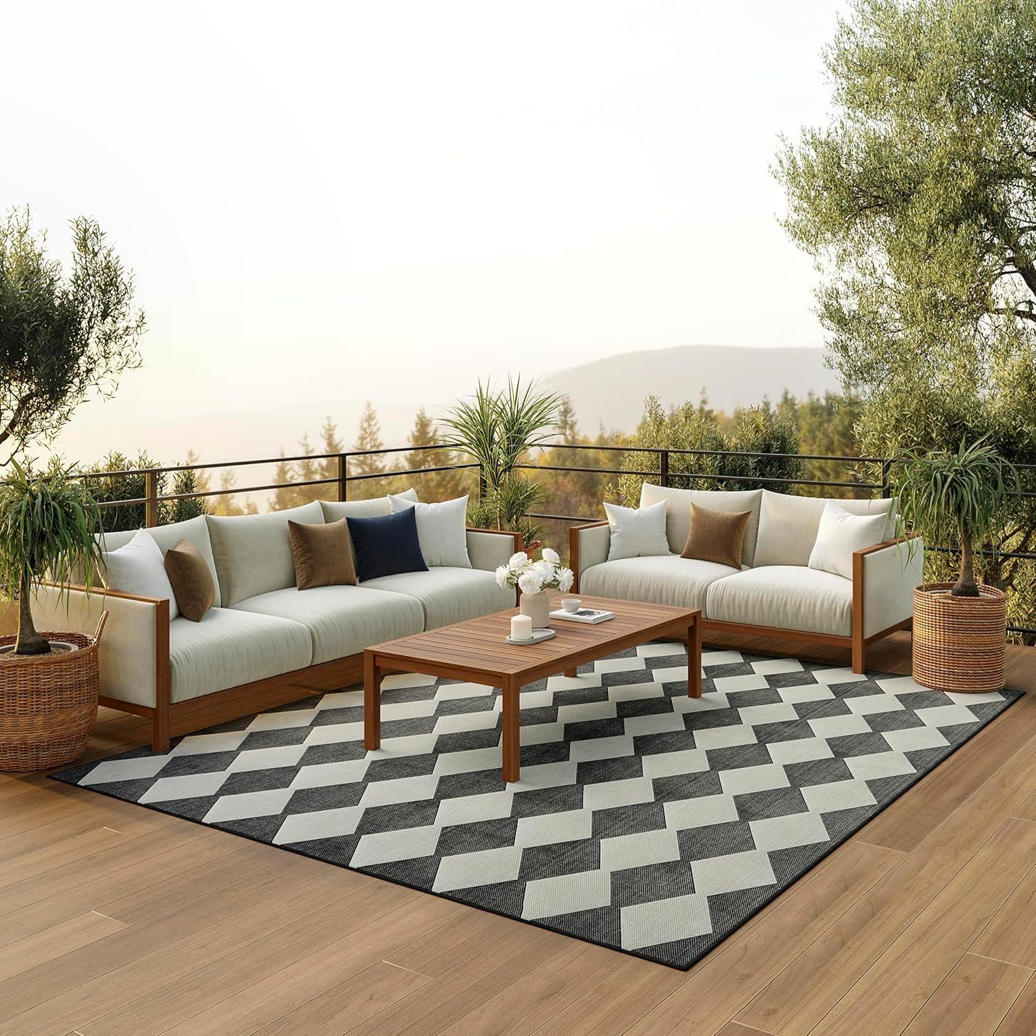 Nourison Positano Retro Diamond Flatweave Indoor Outdoor Low Pile Area Rug Black 8' x 10'