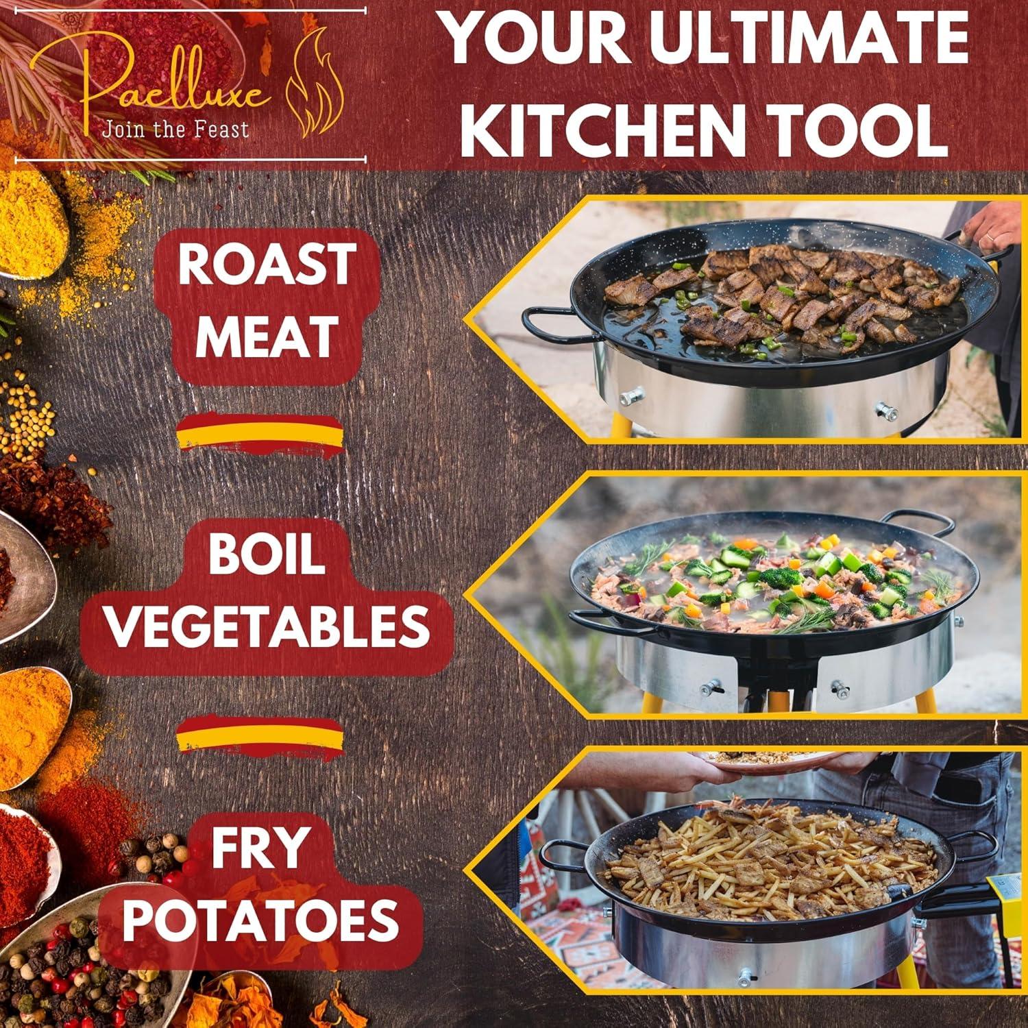 Paelluxe 22 Inch Paella Pan 16 Servings - Enamelled No Rust Easy to Clean Steel Pan Propane - Gas Burners for Cooking - Indoor & Outdoor Cooking Skillet - Cacerola Paellera Sarten - Mother's Day Gift