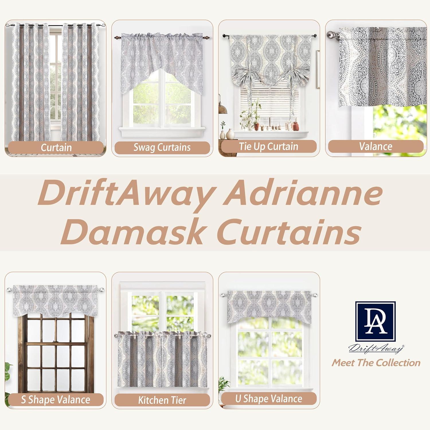 DriftAway Adrianne Damask/Floral Pattern Window Curtain valance 52”x18”, Beige/Gray