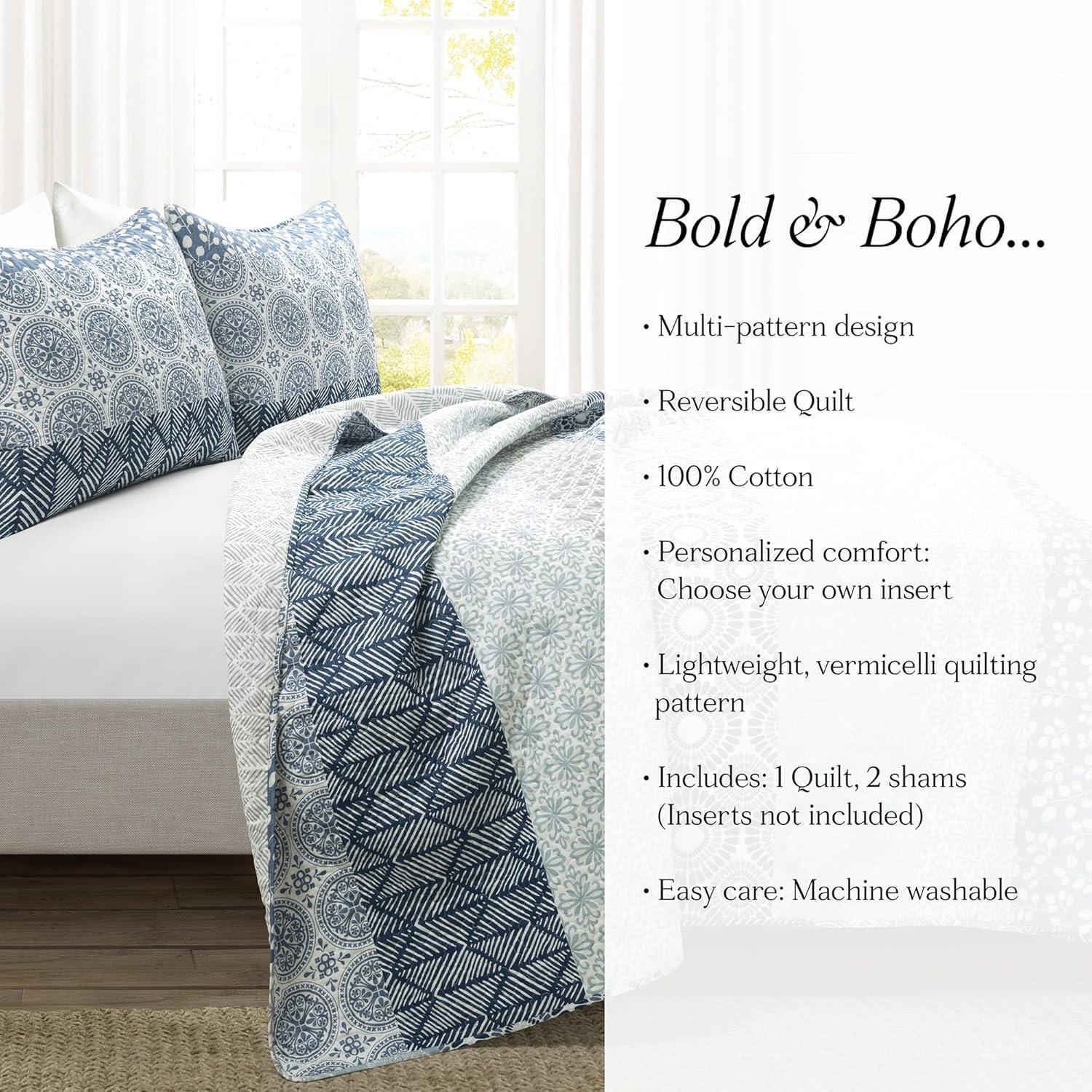 Lush Decor Bohemian 100% Cotton Reversible 3-Piece Quilt Set