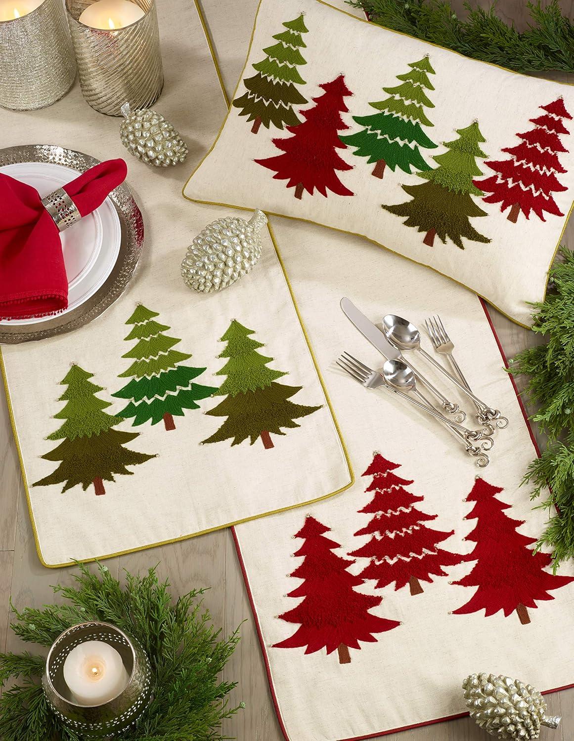 Saro Lifestyle Embroidered Christmas Tree Dining Table Runner, 16"x72", Red