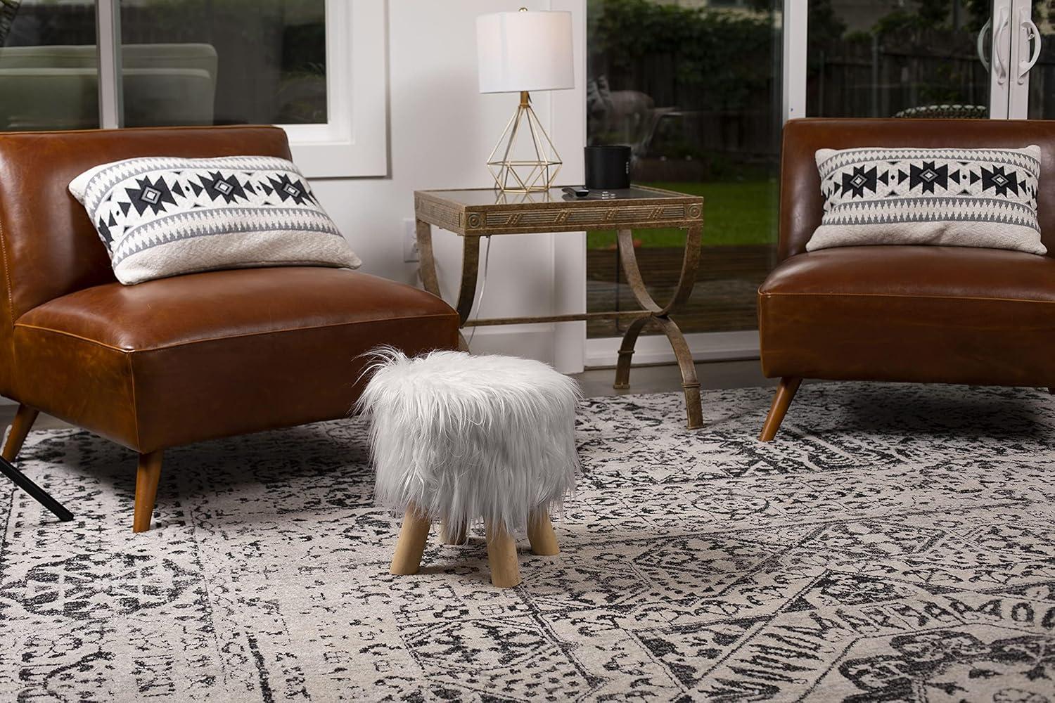 BirdRock Home Faux Fur Foot Stool Ottoman with Wood Legs - Silver