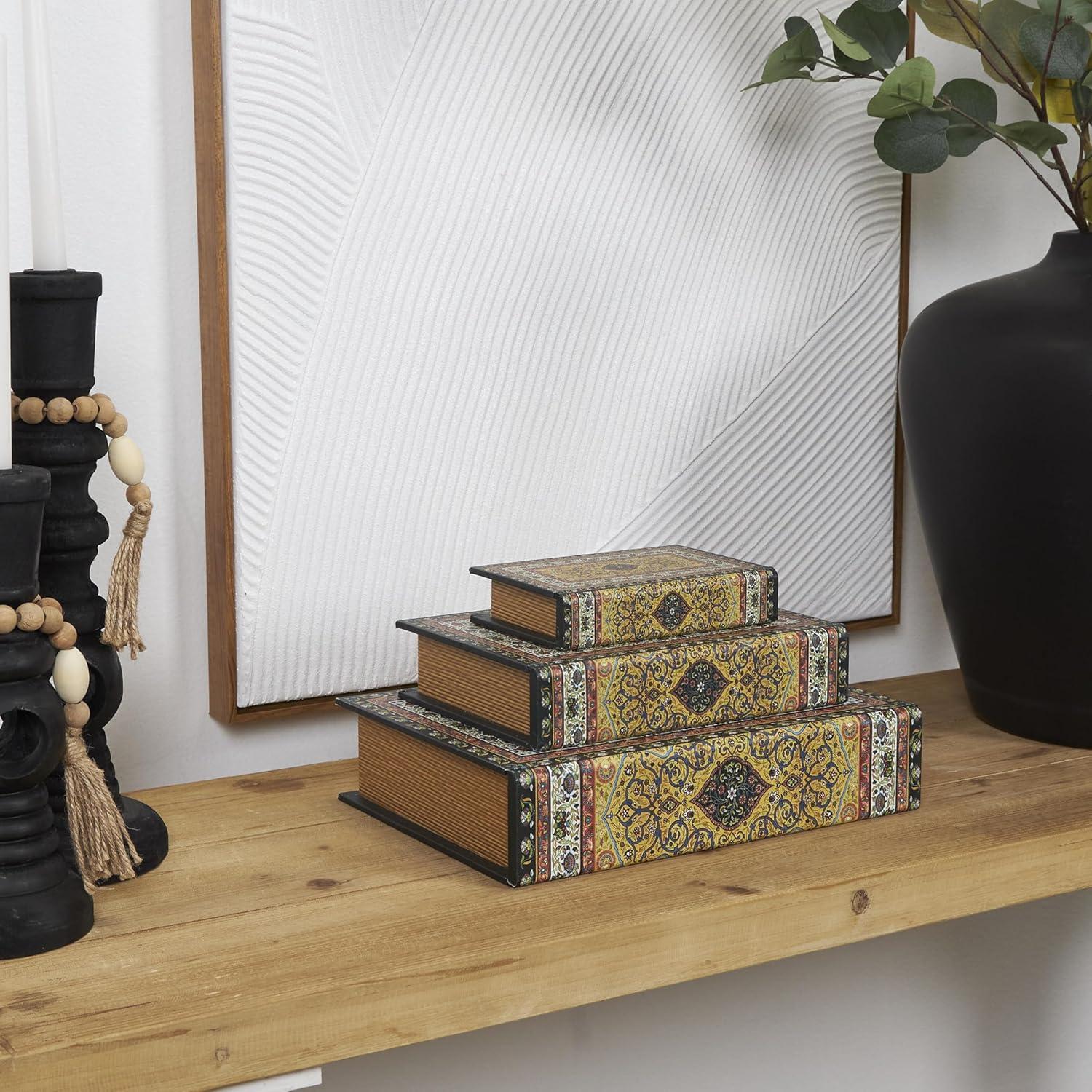 Deco 79 Canvas Decorative Box Storage Book Book Shaped Boxes with Arabesque Pattern and Gold Page Inspired Detail, Set of 3 Decorative Keepsake Boxes 12, 10, 8" H, Multi Colored