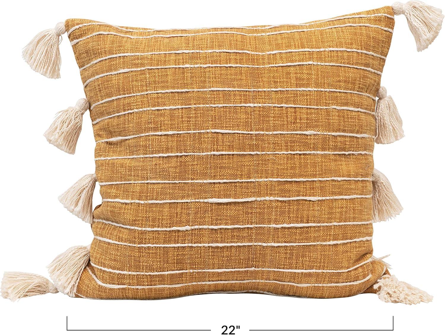 Creative Co-Op Creative Co-Op Woven Cotton Pillow with Appliqued Stripes and Tassels, Mustard and White
