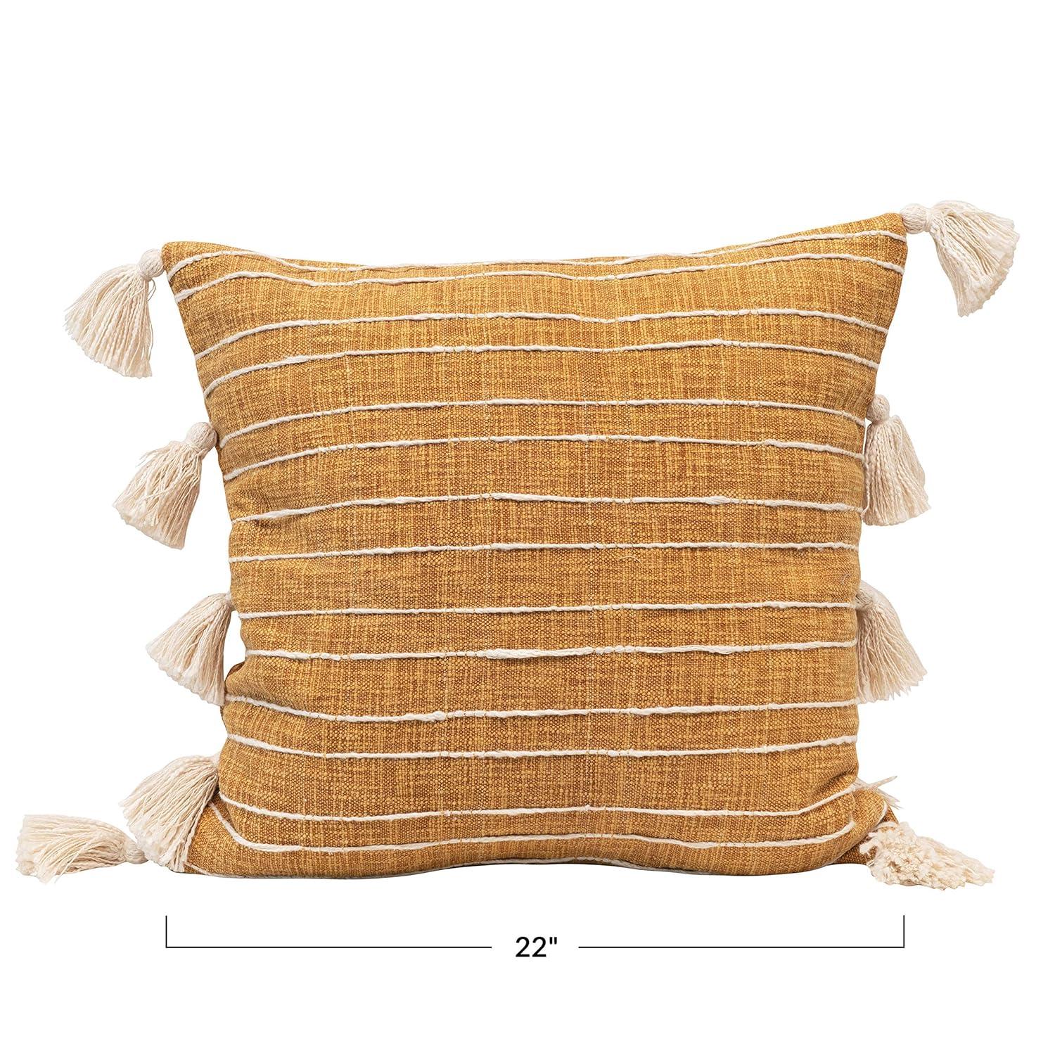 Creative Co-Op Creative Co-Op Woven Cotton Pillow with Appliqued Stripes and Tassels, Mustard and White