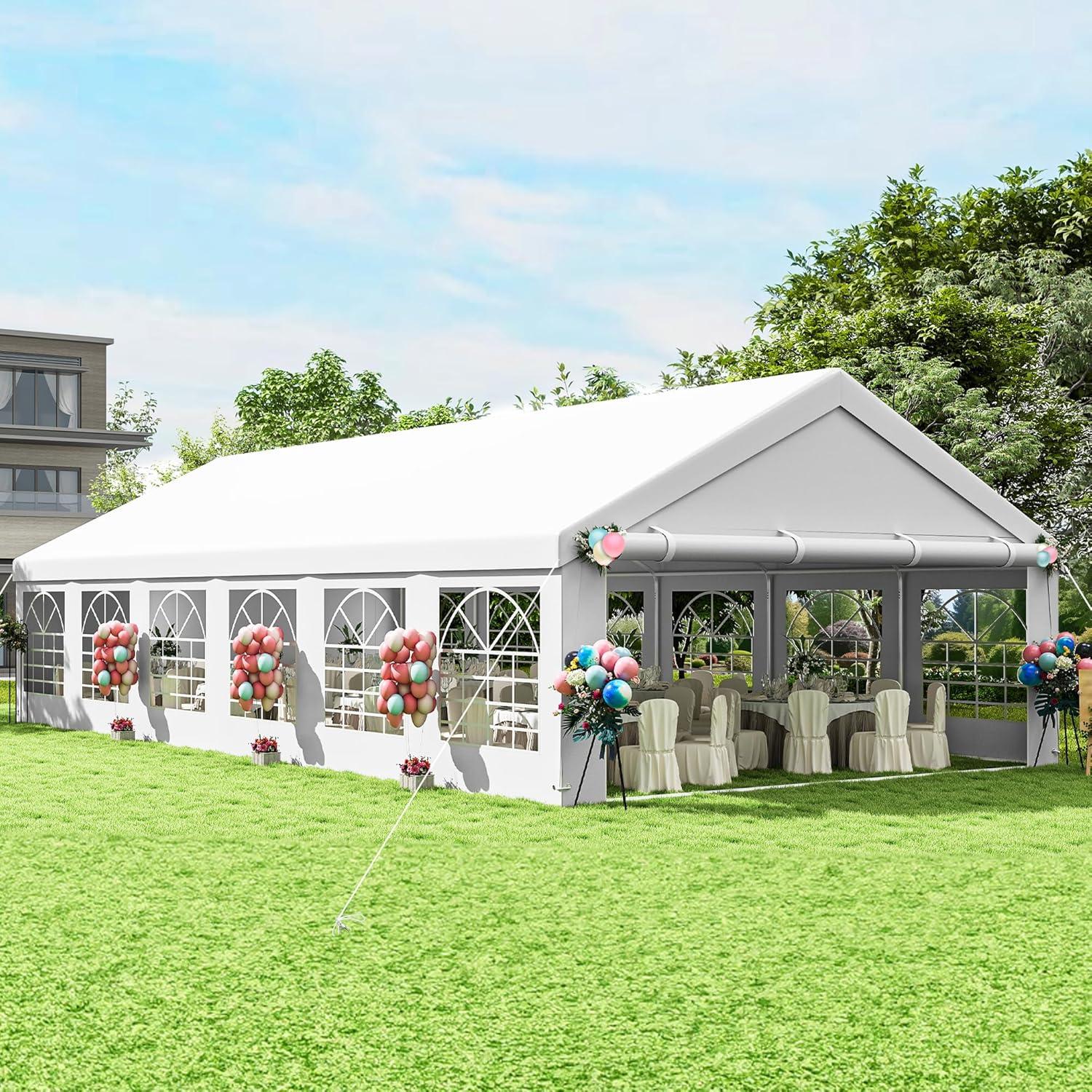 Dextrus 16x32FT Party Tent Heavy Duty PVC Wedding Event Shelters White Upgraded Galvanized Ripple Canopy with Large Roof Removable Sidewalls & 3 Storage Bags 600D Oxford Commercial