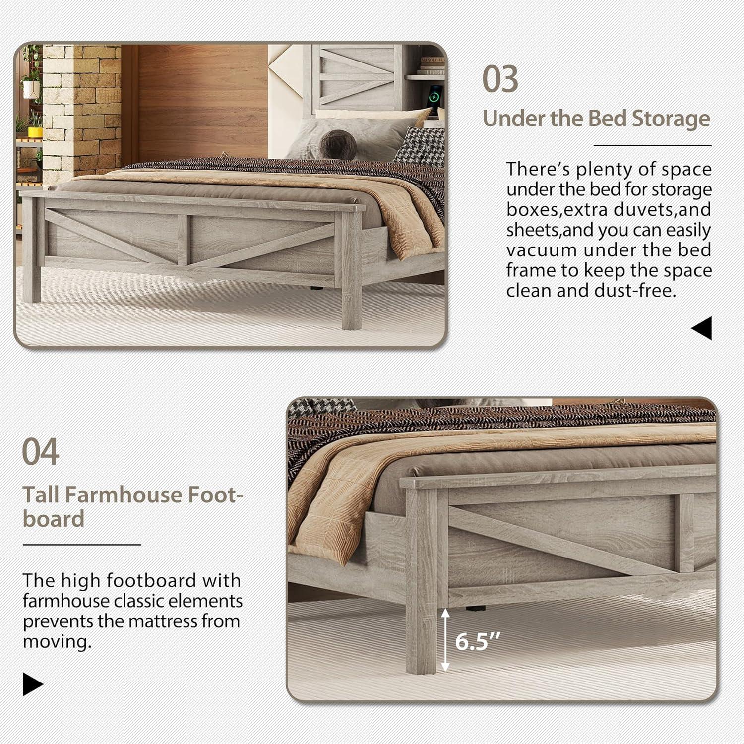 Farmhouse 3-Pieces Bedroom Sets, Queen Size Platform Bed with a Nightstand and 6-drawer Storage, Wood Platform Bed with Double Sliding Door Storage Headboard and Charging Station (Antique Gray-3)