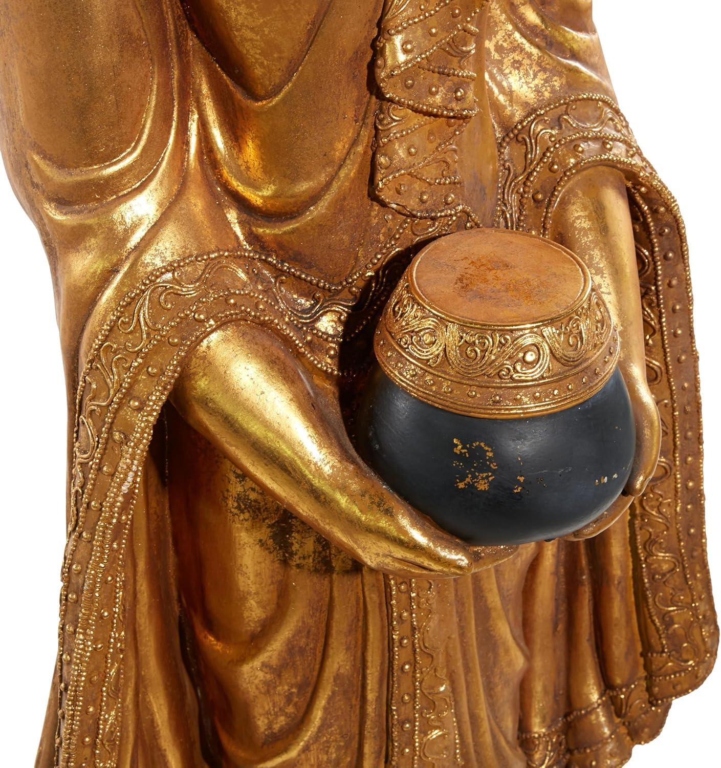 16" x 54" Gold Resin Meditating Buddha Sculpture with Engraved Carvings and Relief Detailing, by DecMode