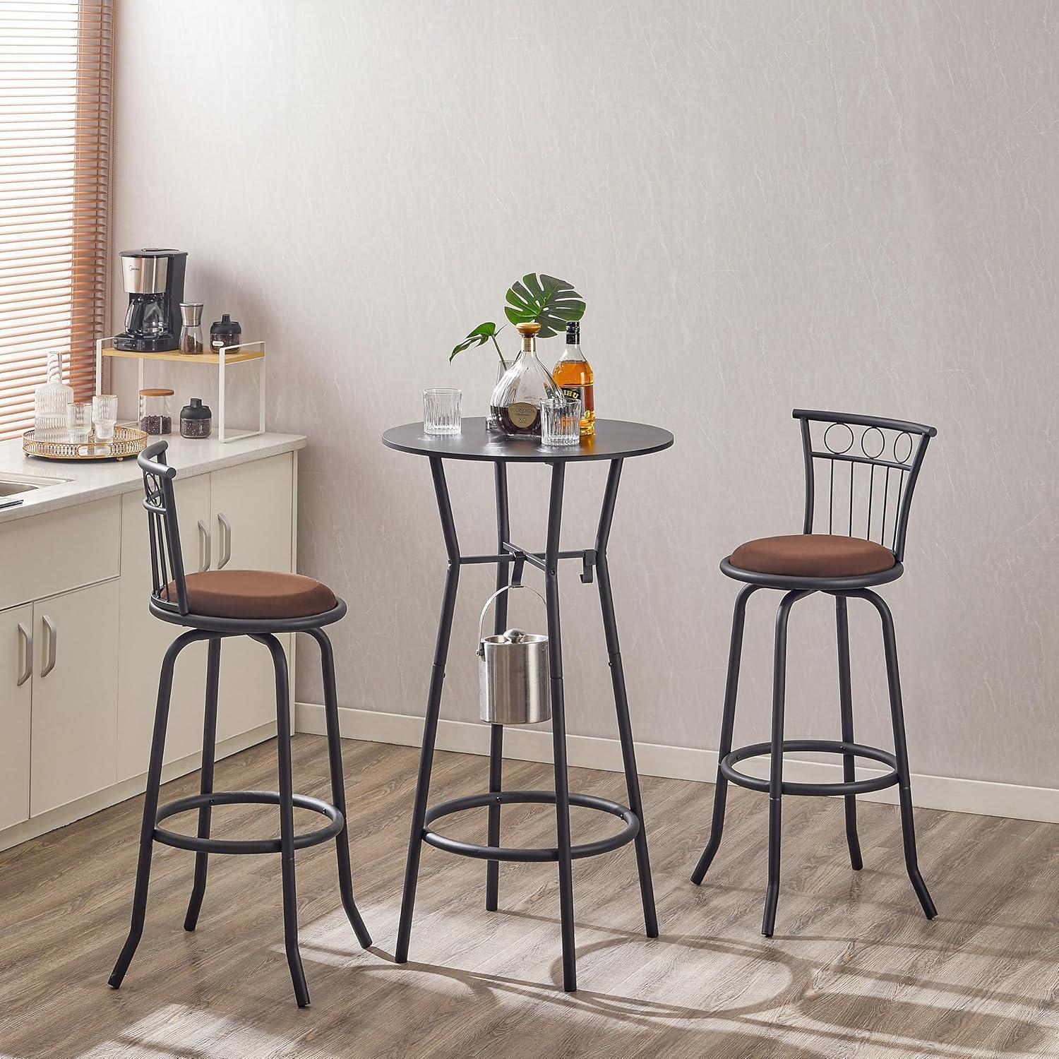 3 Piece Bar Table Set for 2 - Pub Table Set with 2 Metal Hooks and Round Footrest, Counter Stools Set of 2 with Back & Padded Seat, Tall Table and Chairs for Dining Room, Pub, Kitchen