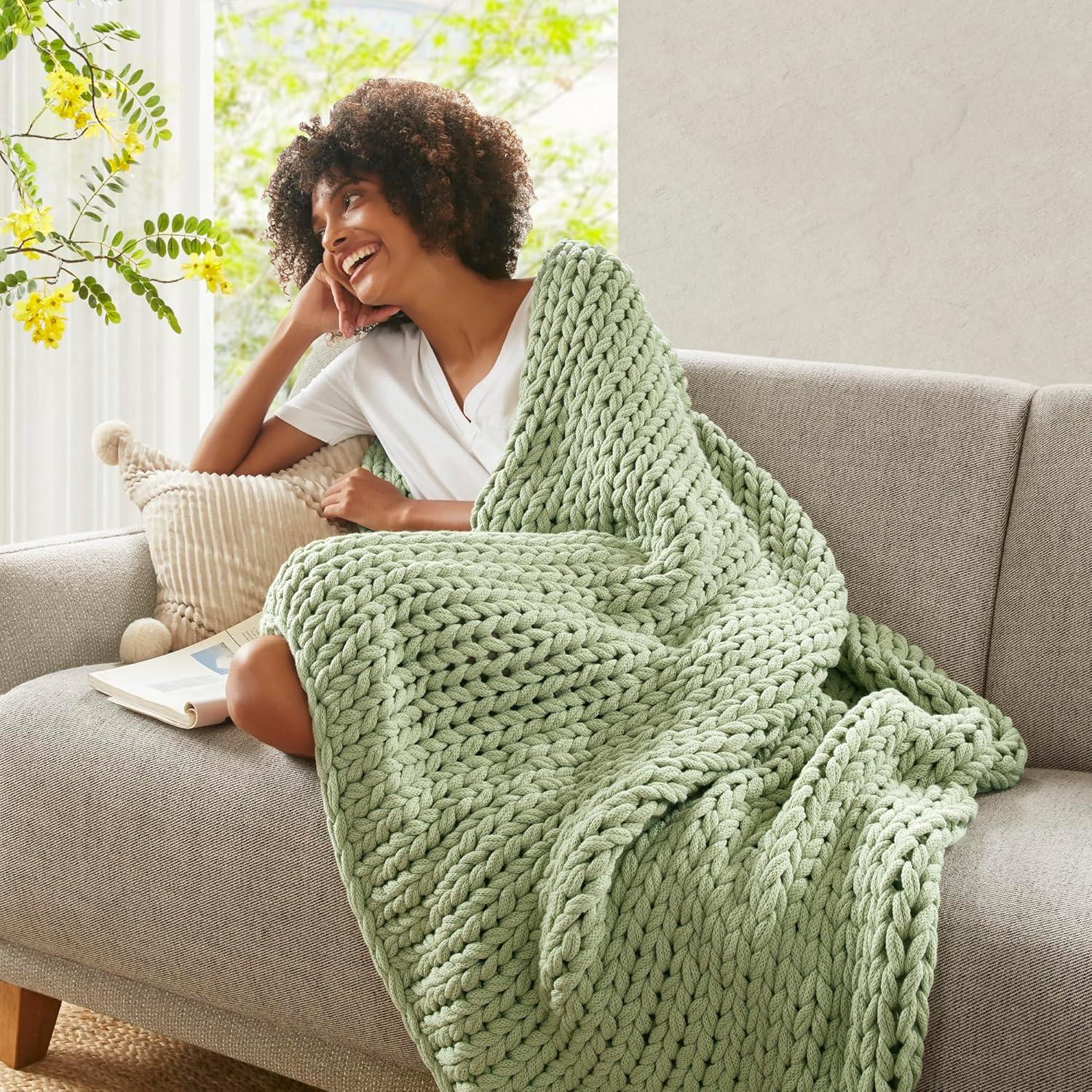 50"x60" Chunky Double Knit Handmade Throw Blanket Sage Green - Madison Park