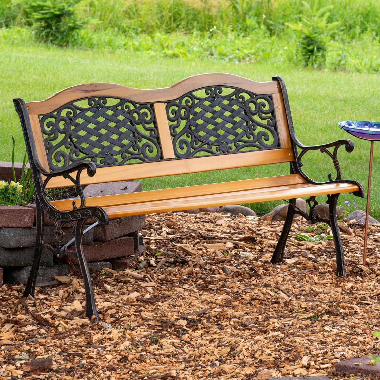 Sunnydaze 49" Black Cast Iron and Wood Outdoor Bench