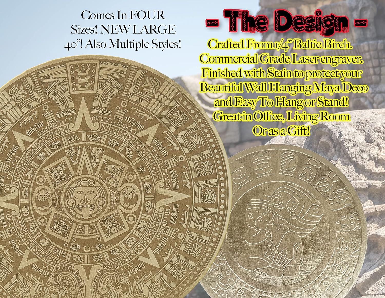 Urbalabs Wood Aztec Calendar Wall Decor 12" Inch Wall Hanging Mexico Aztec Calendar Mayan Calendar Cinco De Mayo Mexican Sun Azteca Calendario Laser Engraved Made In USA (12 Inch)