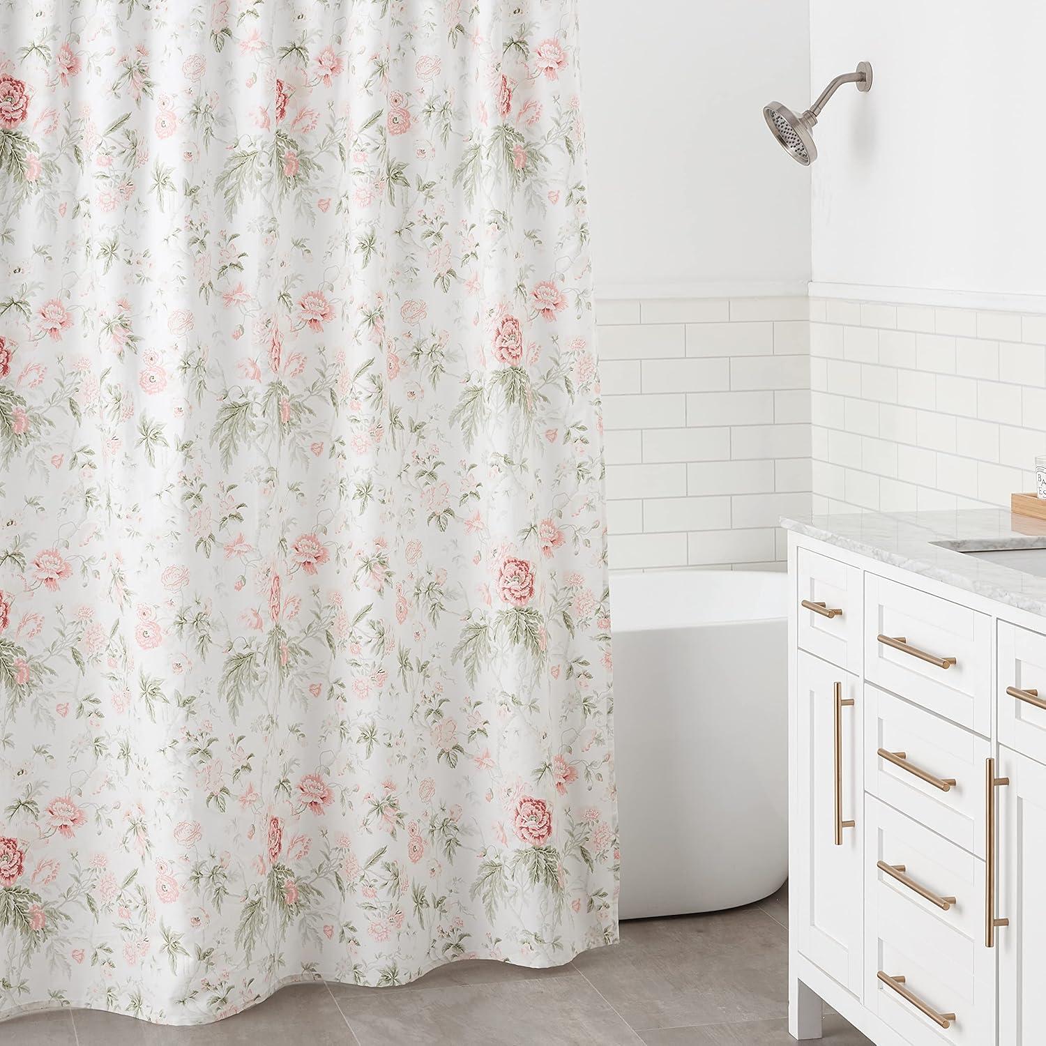 Breezy Floral Pink Cotton Hookless Shower Curtain