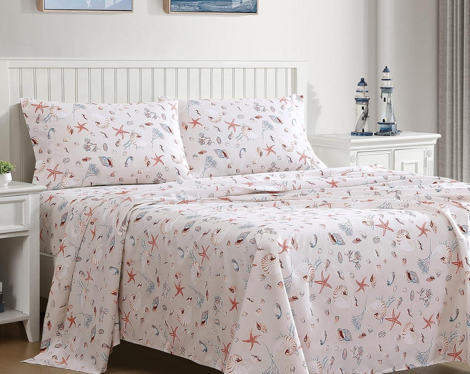 Coastal Print Microfiber Sheet Set, King, Oceanside Sand