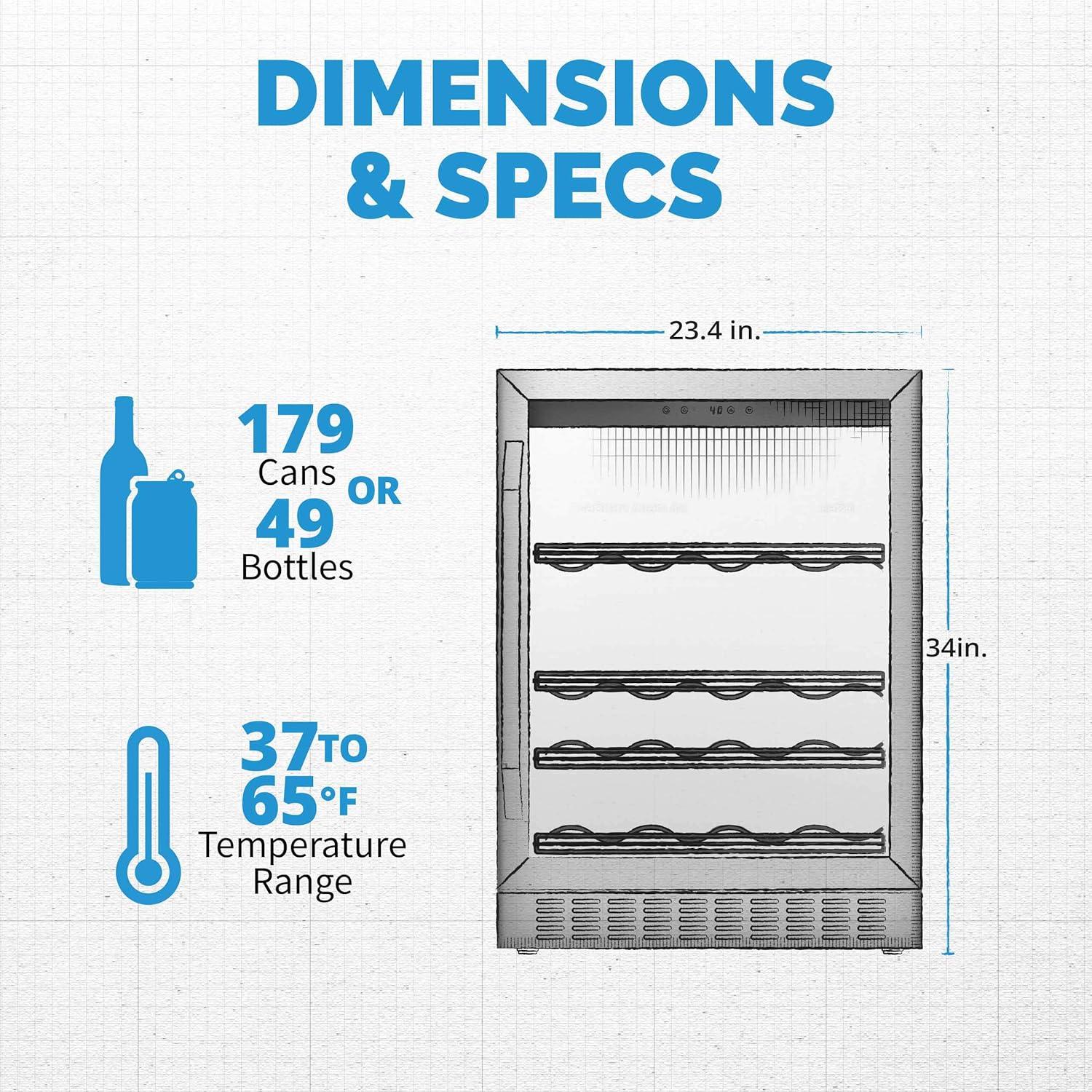 Newair FlipShelf 24" Wine and Beverage Refrigerator 179 Cans or 49 Bottles, Reversible Shelves, Built-in Fridge or Freestanding Drinks and Wine Cooler