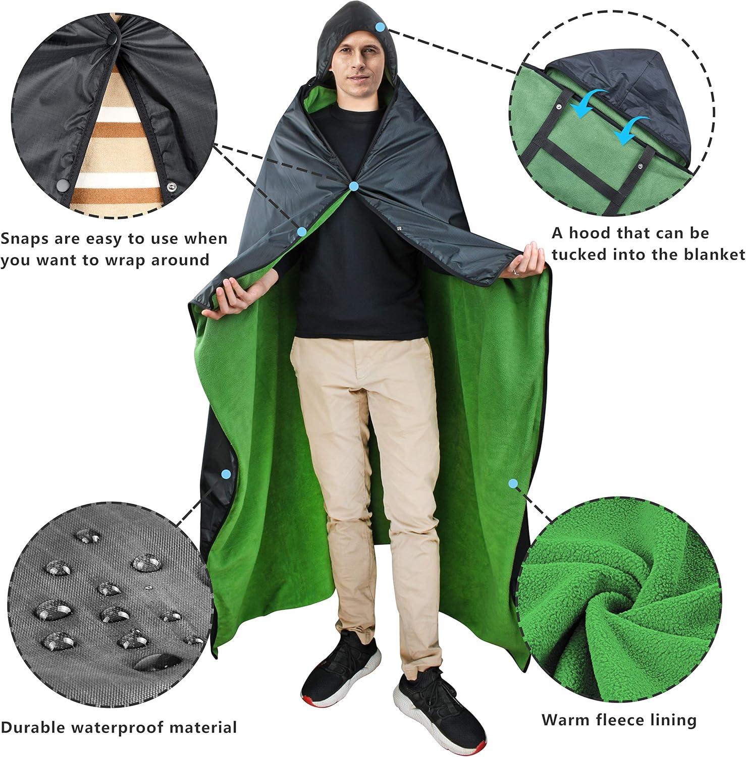 Catalonia Waterproof Outdoor Blanket for Cold Weather, Windproof Stadium Blankets for Sport Events, Wearable Weatherproof Blanket, Green