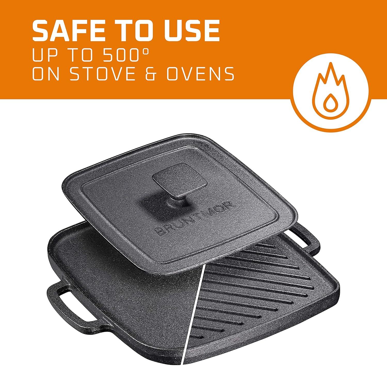 Bruntmor 10X10 2-in-1 Pre-Seasoned Square Cast Iron Reversible Griddle Grill Pan Cookware, Black