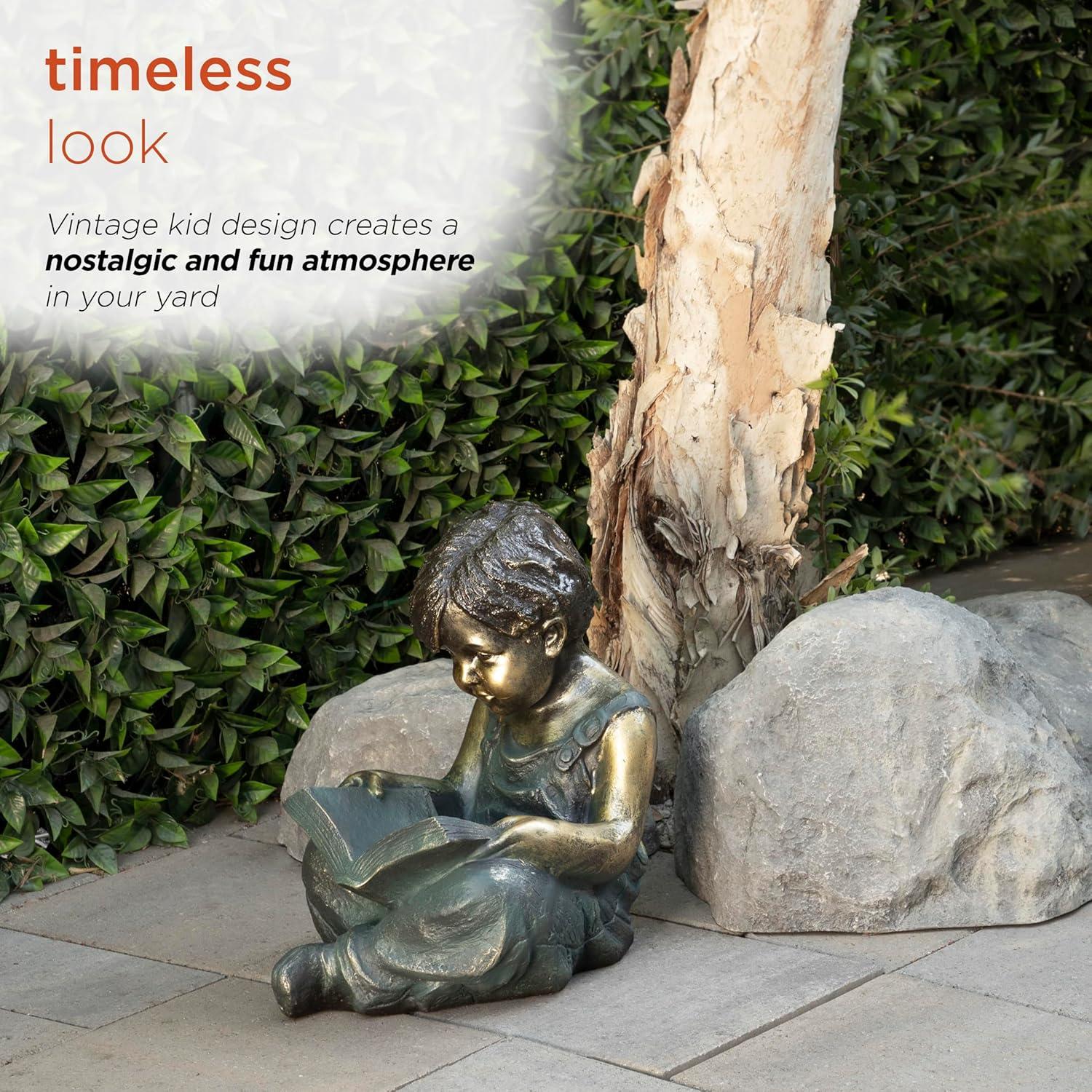 Alpine Corporation 16" Polyresin Girl and Boy with Dog Sitting on Bench Sculpture Bronze: Durable Outdoor Decor, Magnesium Oxide, Rust-Resistant