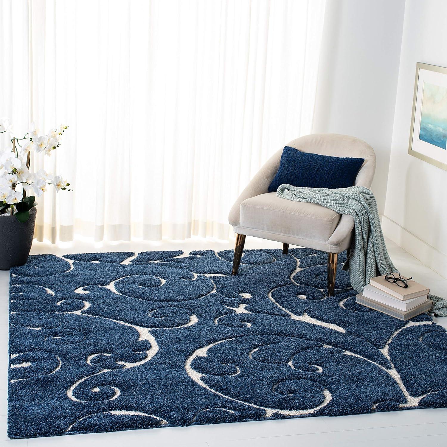 SAFAVIEH Florida Doug Floral Vines Shag Area Rug, Dark Blue/Cream, 11' x 11' Square