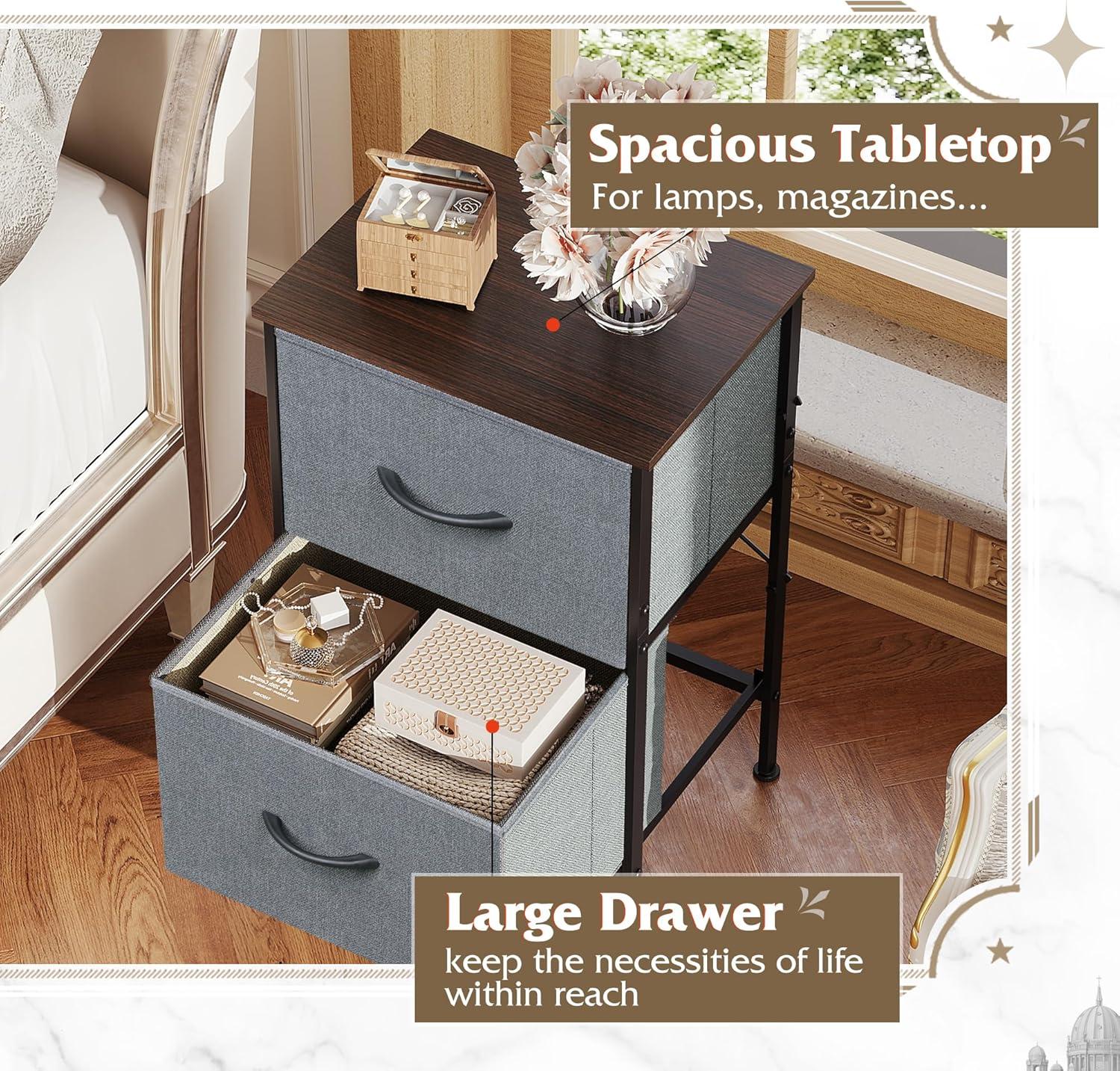WLIVE Nightstand, 2 Drawer Dresser for Bedroom, Small Dresser with 2 Drawers, Bedside Furniture, Night Stand, End Table with Fabric Bins for Bedroom, Closet, Entryway, College Dorm, Dark Grey