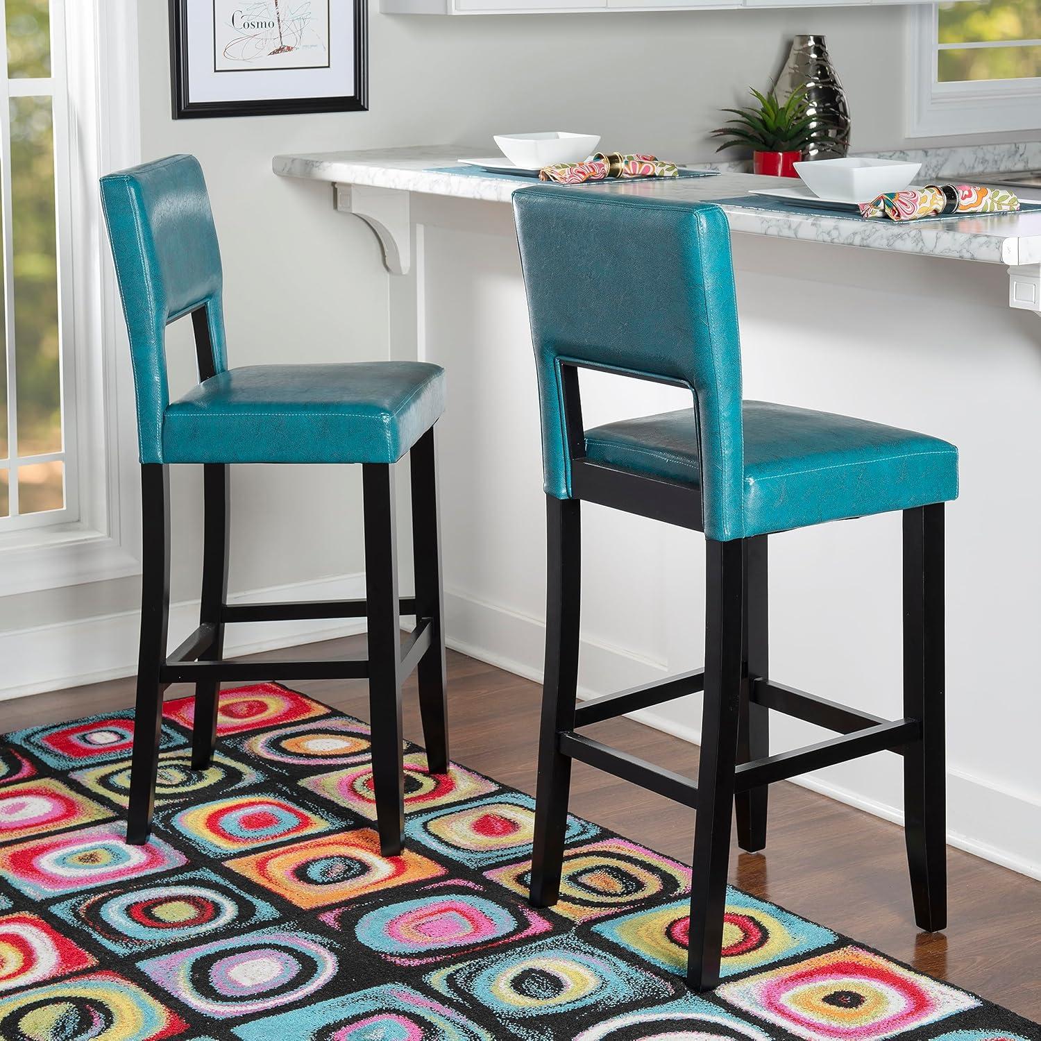 30" Vega Padded Back and Seat Faux Leather Barstool Blue - Linon: Upholstered, Rubberwood Legs, Fixed Height