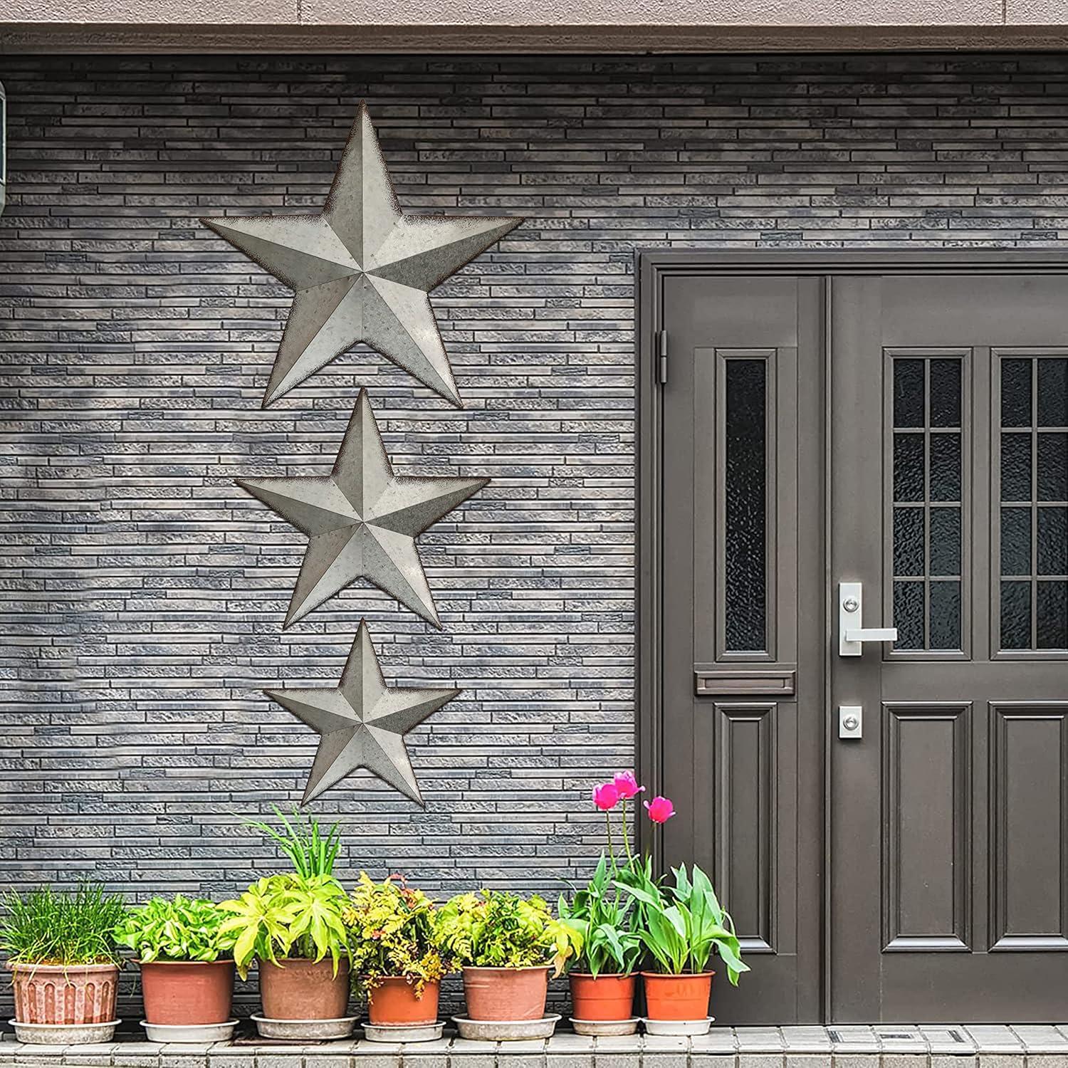 Olivia & May Set of 3 Metal Stars Indoor Outdoor Wall Decors Light Brown : Iron Frame, Farmhouse Style, Vertical Orientation
