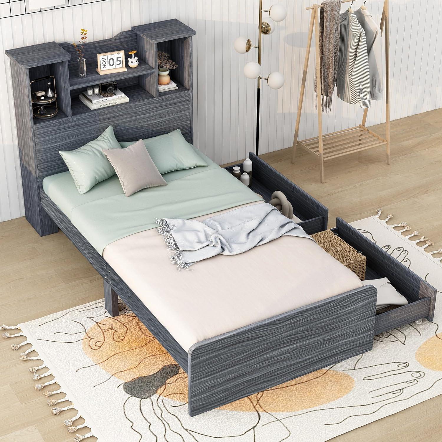 Harper & Bright Designs Twin Size Bed with Storage Headboard and Drawers, Solid Wood Twin Platform Bed Frame with 2 Drawers, 4 Shelves and LED Light, No Box Spring Needed - White