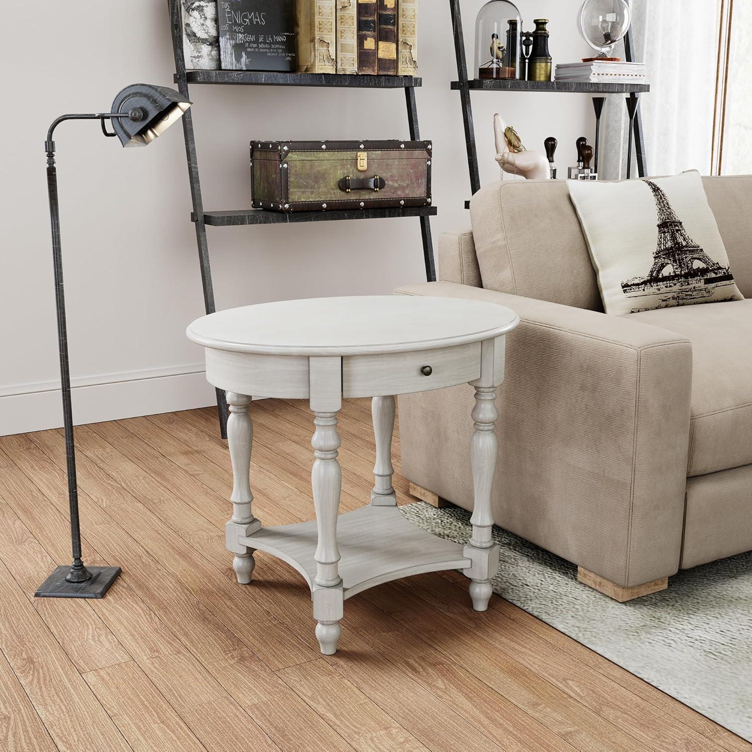 Solid Wood Oval End Table Sofa Table with Drawer and Storage Shelf Antique White - End Table