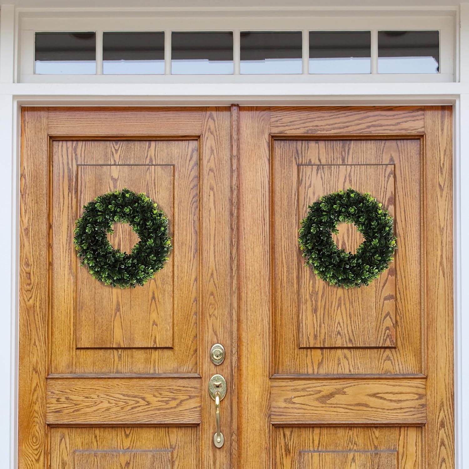 Artificial Boxwood Wreath - 12 Inch UV-Resistant Plastic Front Door Wreath and Window Decor for Spring and Summer by Pure Garden (Green)