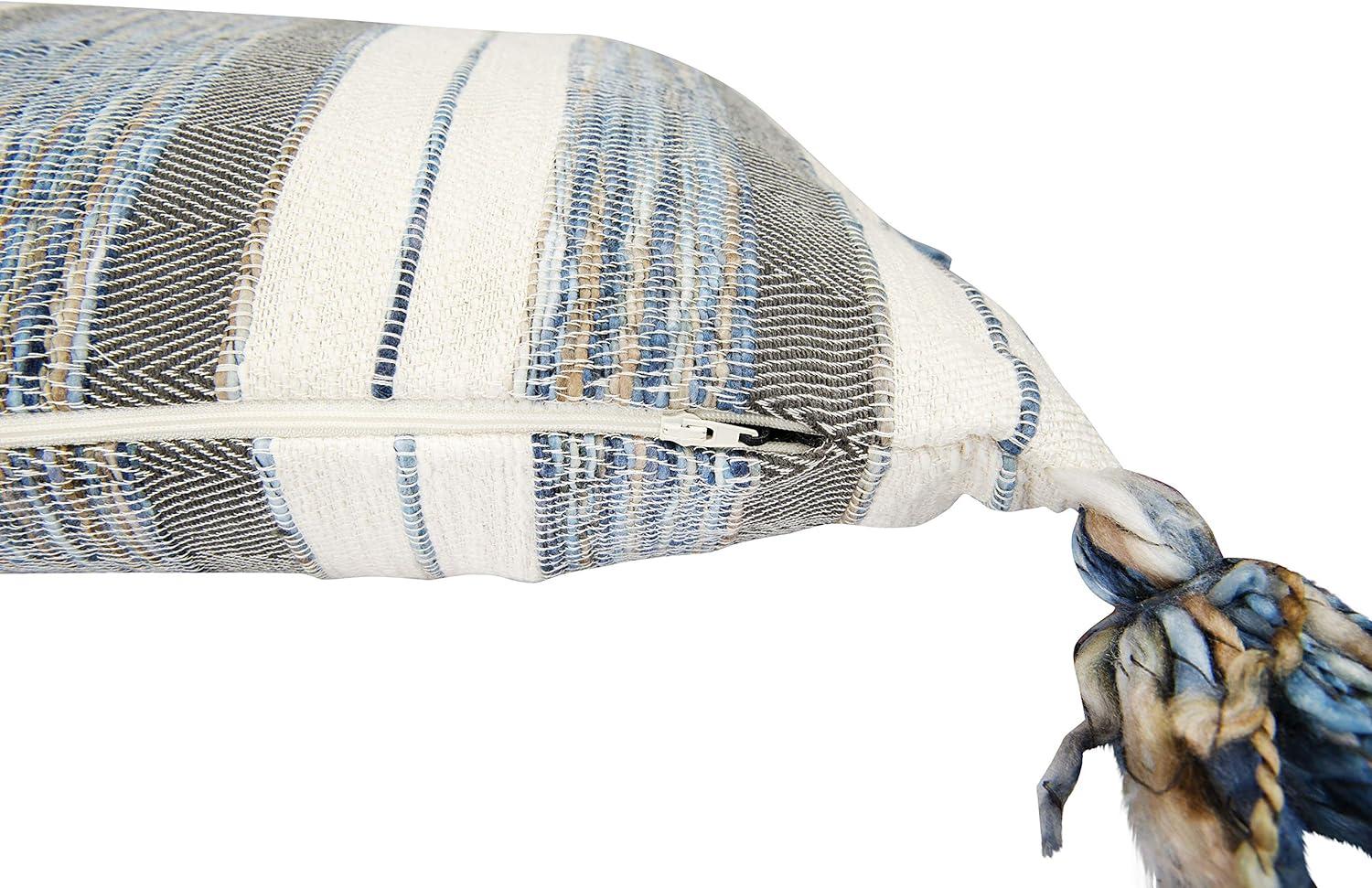 Modern Blue & Grey Striped Cotton Blend Lumbar Pillow with Tassels, 36" x 16"