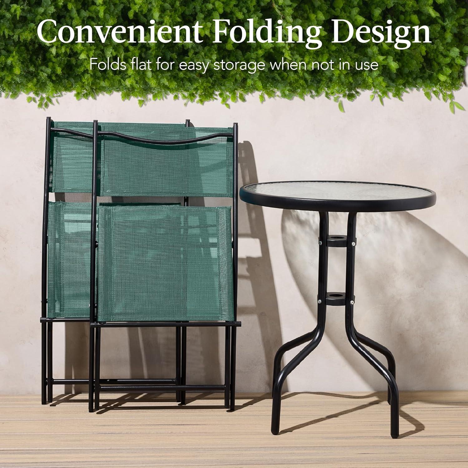 Best Choice Products 3-Piece Patio Bistro Dining Furniture Set w/ Glass Tabletop, Folding Chairs - Dark Green
