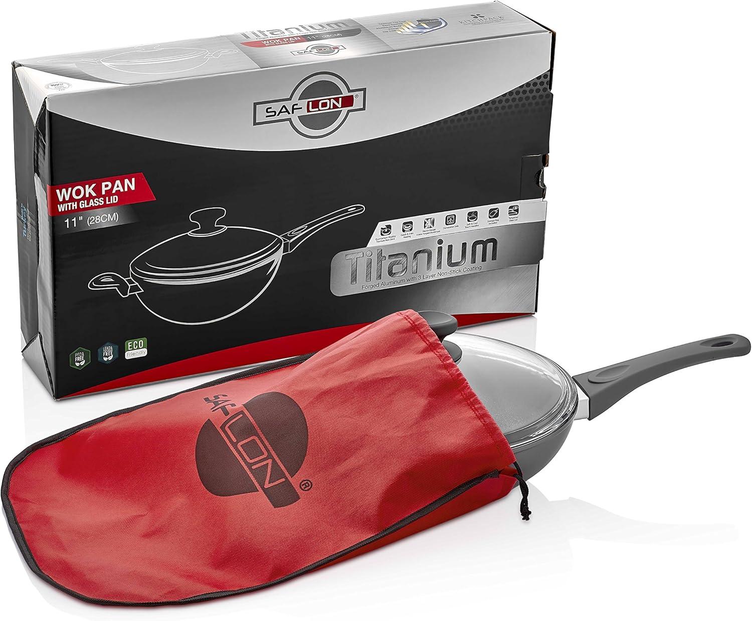 Titanium Nonstick 11 Inch Wok and Stir Fry Pan with Glass Lid Forged Aluminum with PFOA Free Scratch Resistant (Gray)